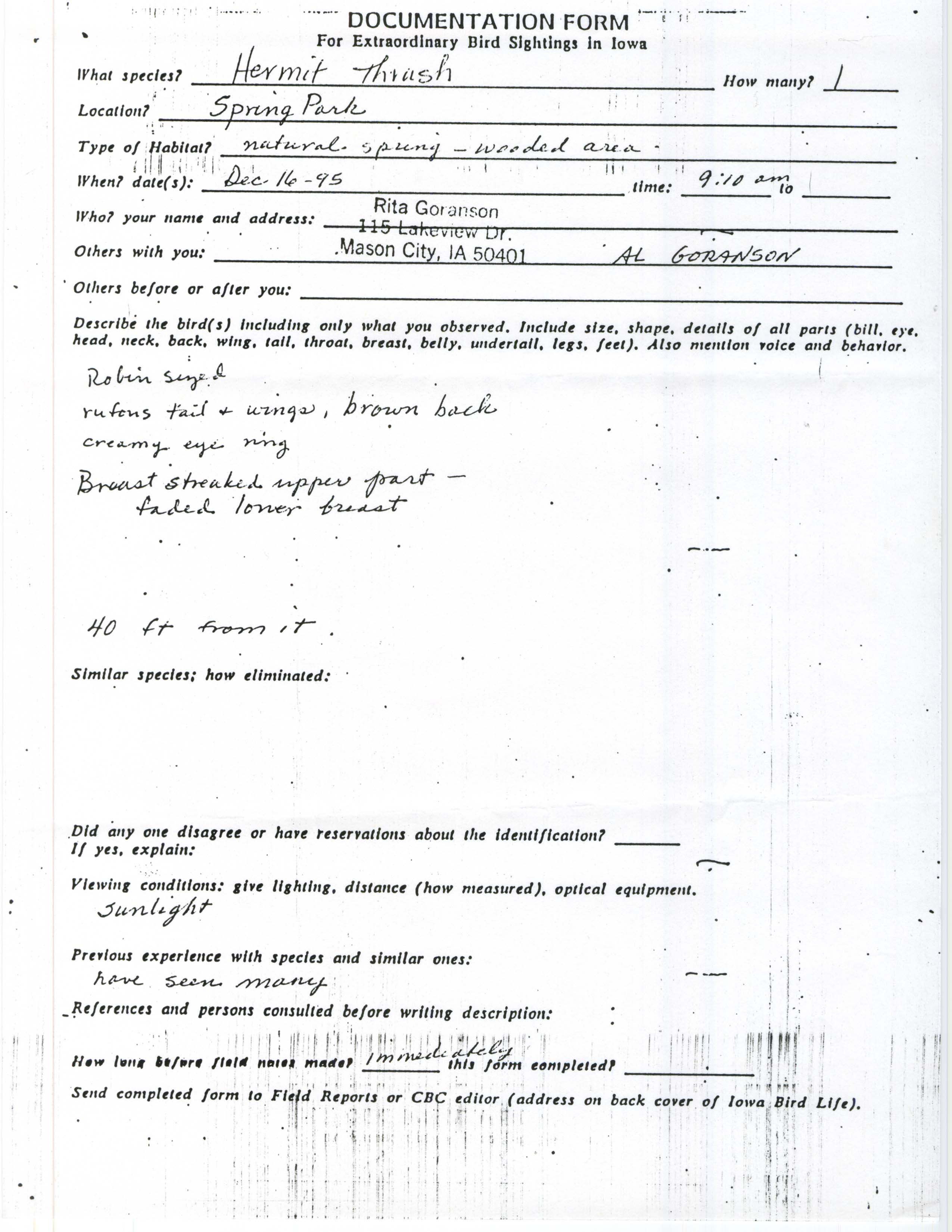 Rare bird documentation form for Hermit Thrush at Spring Park, 1995