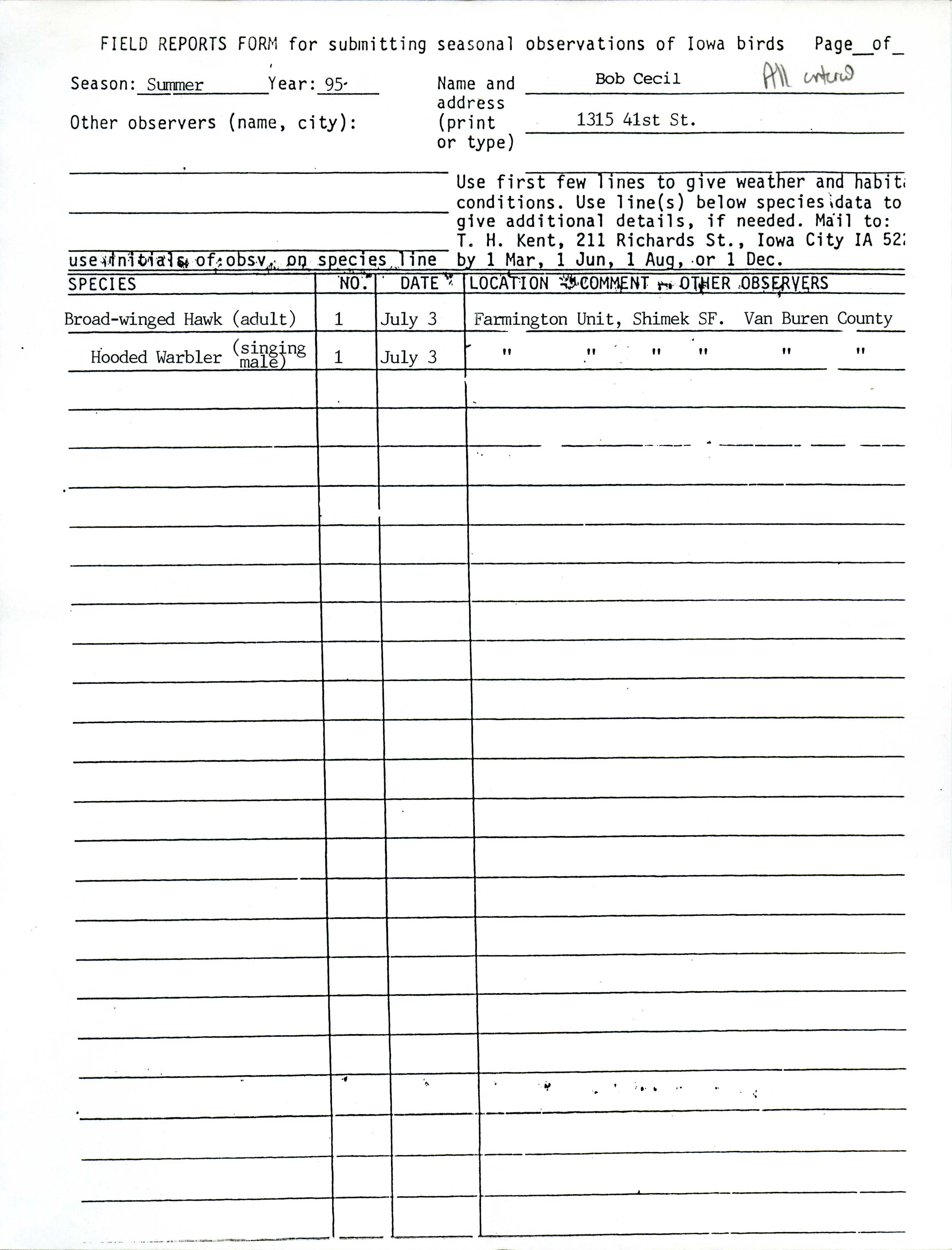 Field reports form for submitting seasonal observations of Iowa birds, summer 1995, Bob Cecil