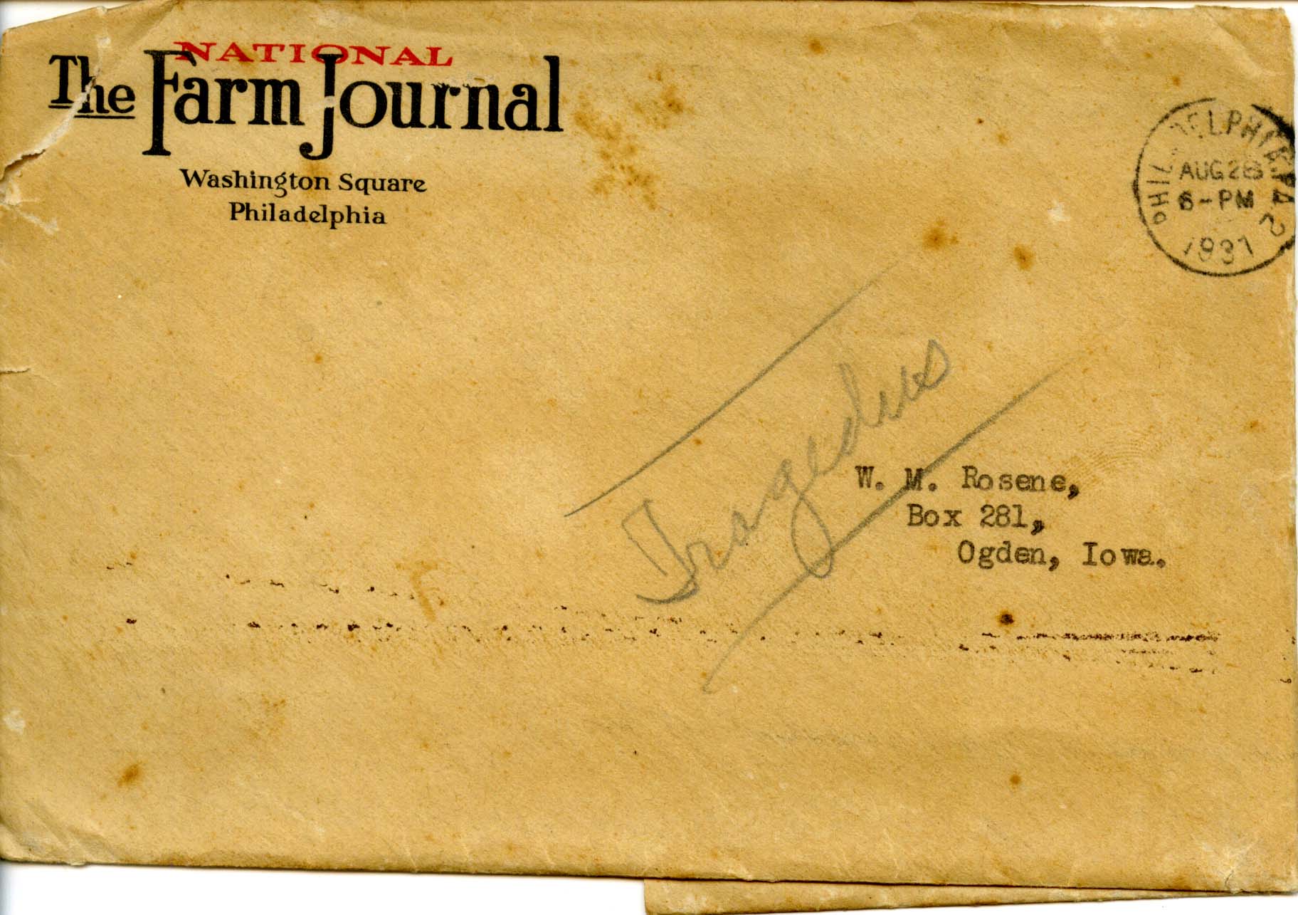 National Farm Journal envelope addressed to Walter Rosene, August 28, 1931