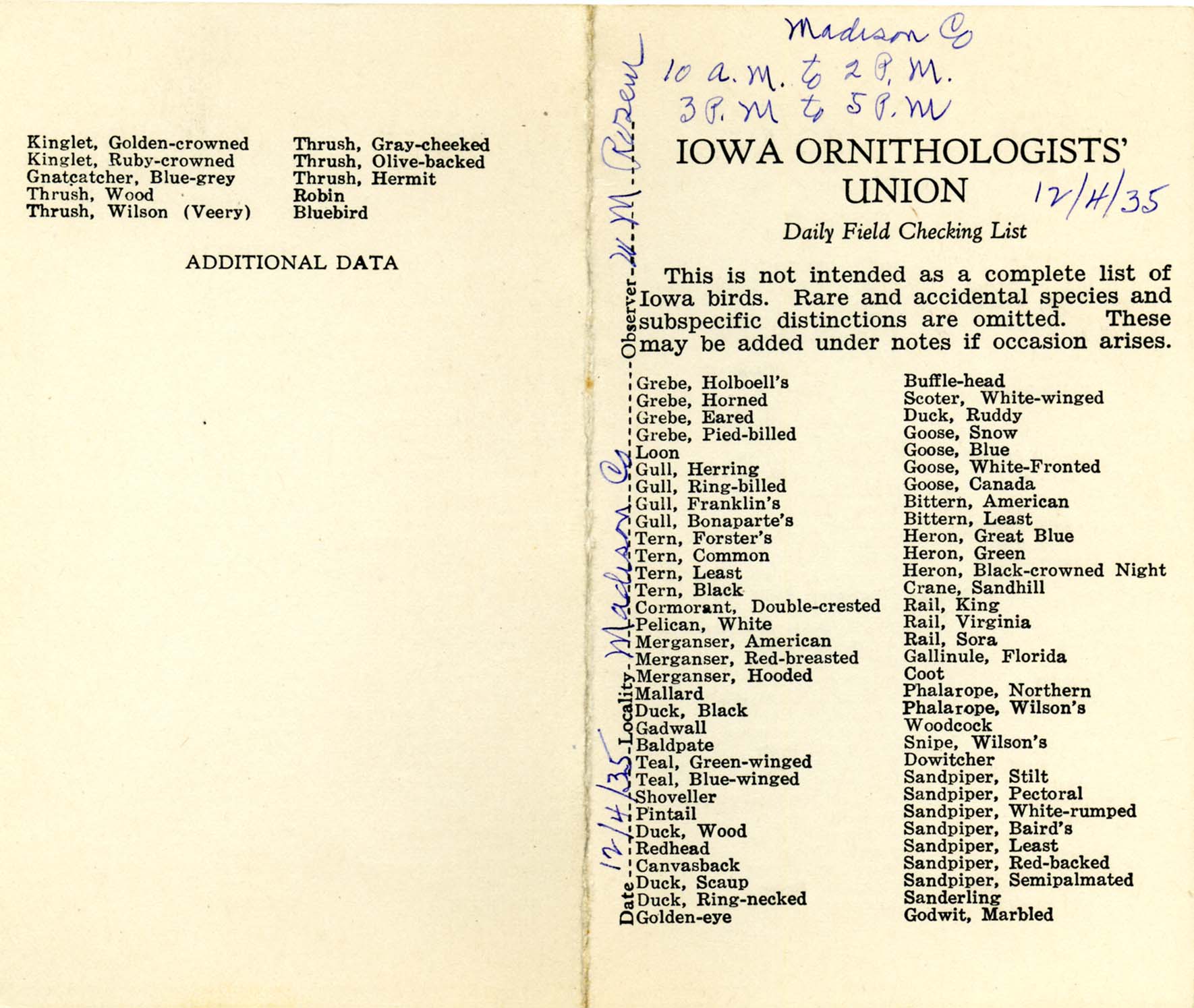 Daily field checking list, Walter Rosene, December 4, 1935