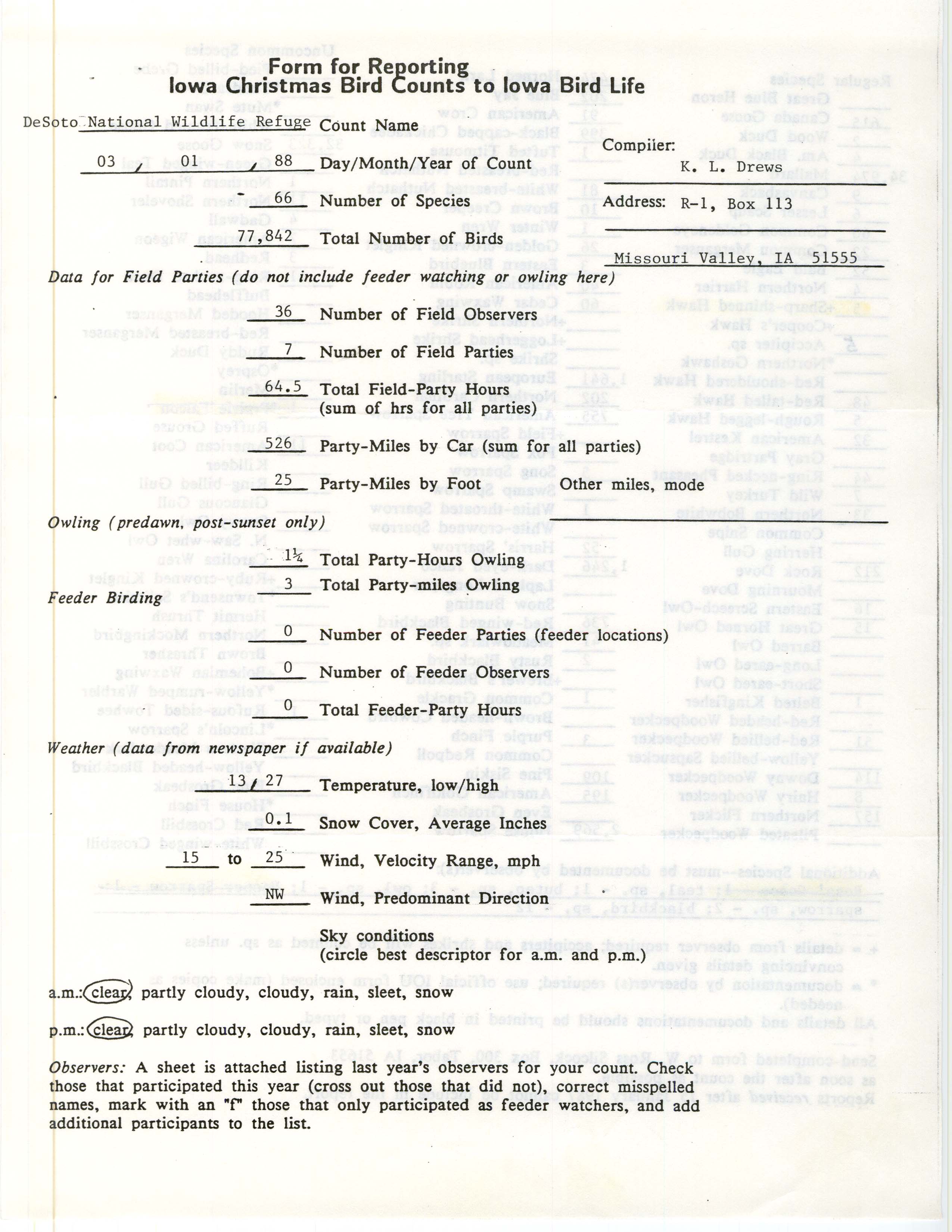 Form for reporting Iowa Christmas bird counts to Iowa Bird Life, K. L. Drews, January 3, 1988