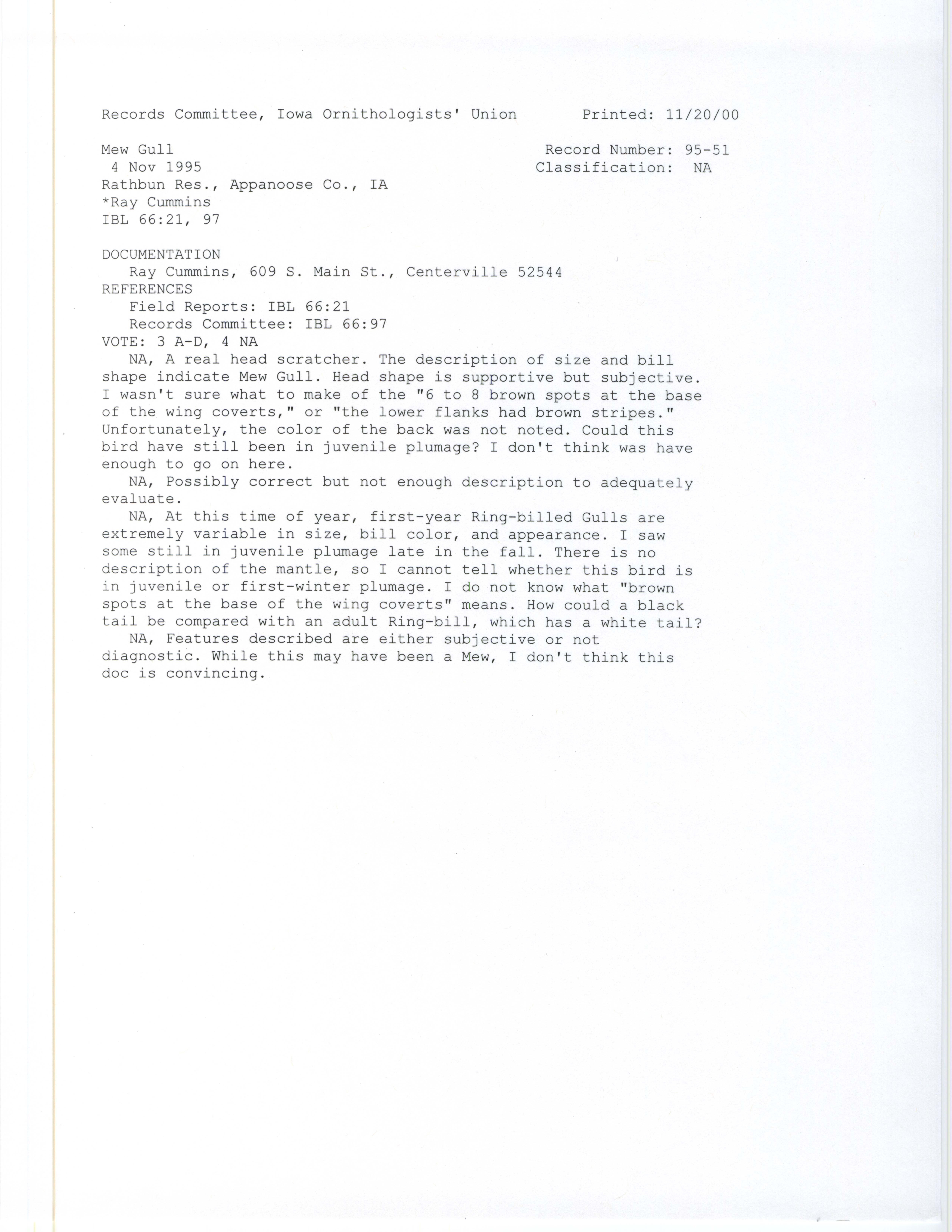 Records Committee review for rare bird sighting of Mew Gull at Lake Rathbun, 1995