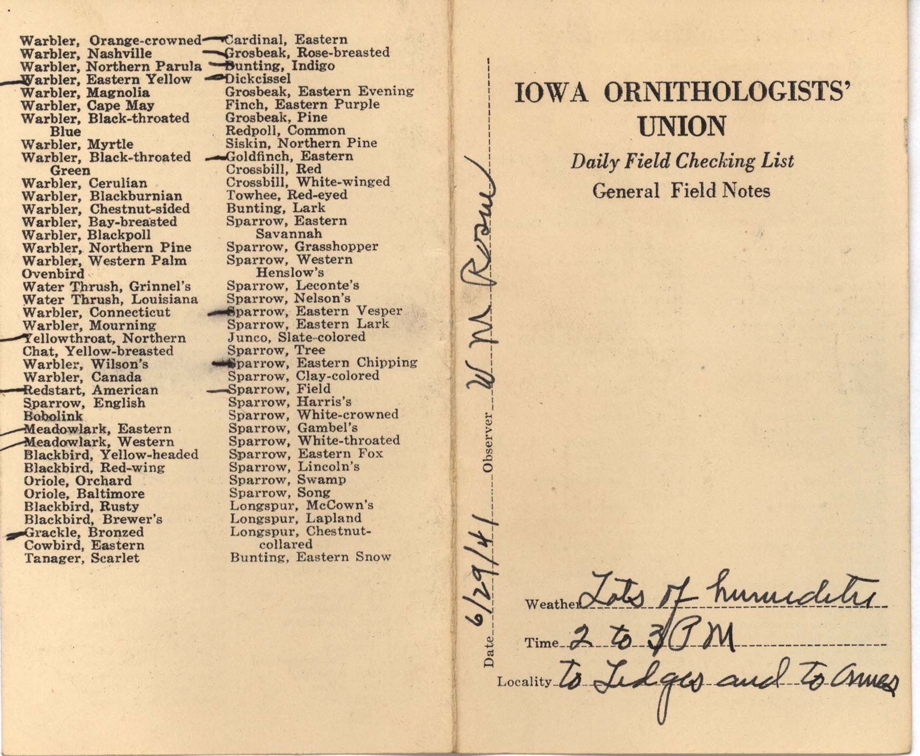 Daily field checking list by Walter Rosene, June 29, 1941