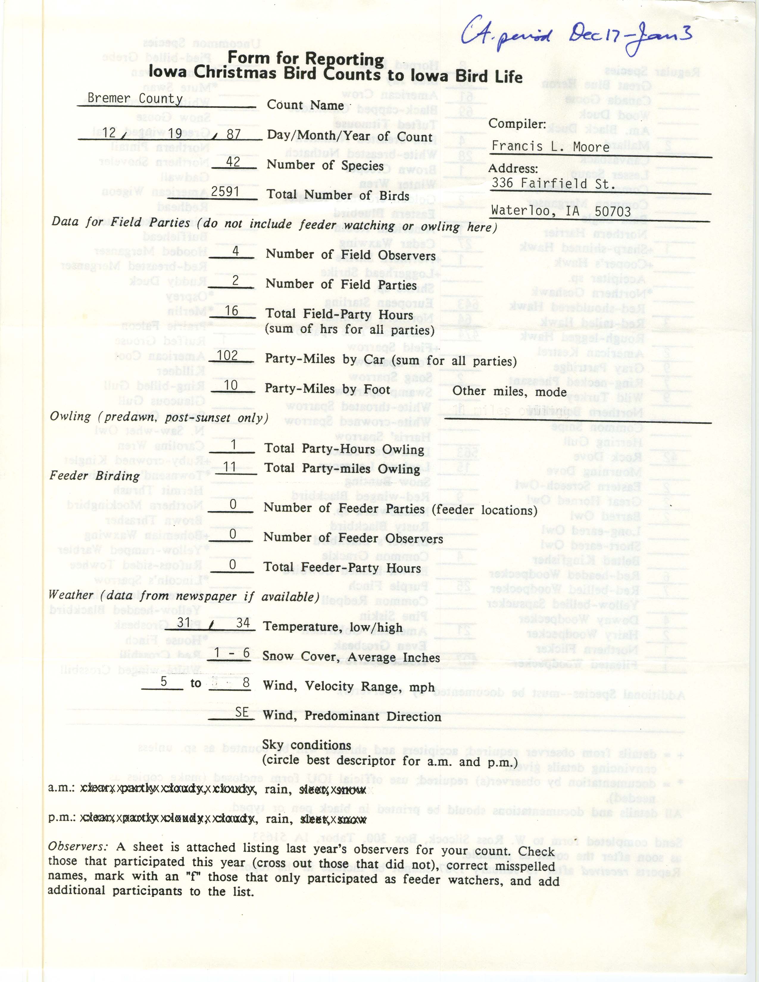 Form for reporting Iowa Christmas bird counts to Iowa Bird Life, Francis L. Moore, December 19, 1987