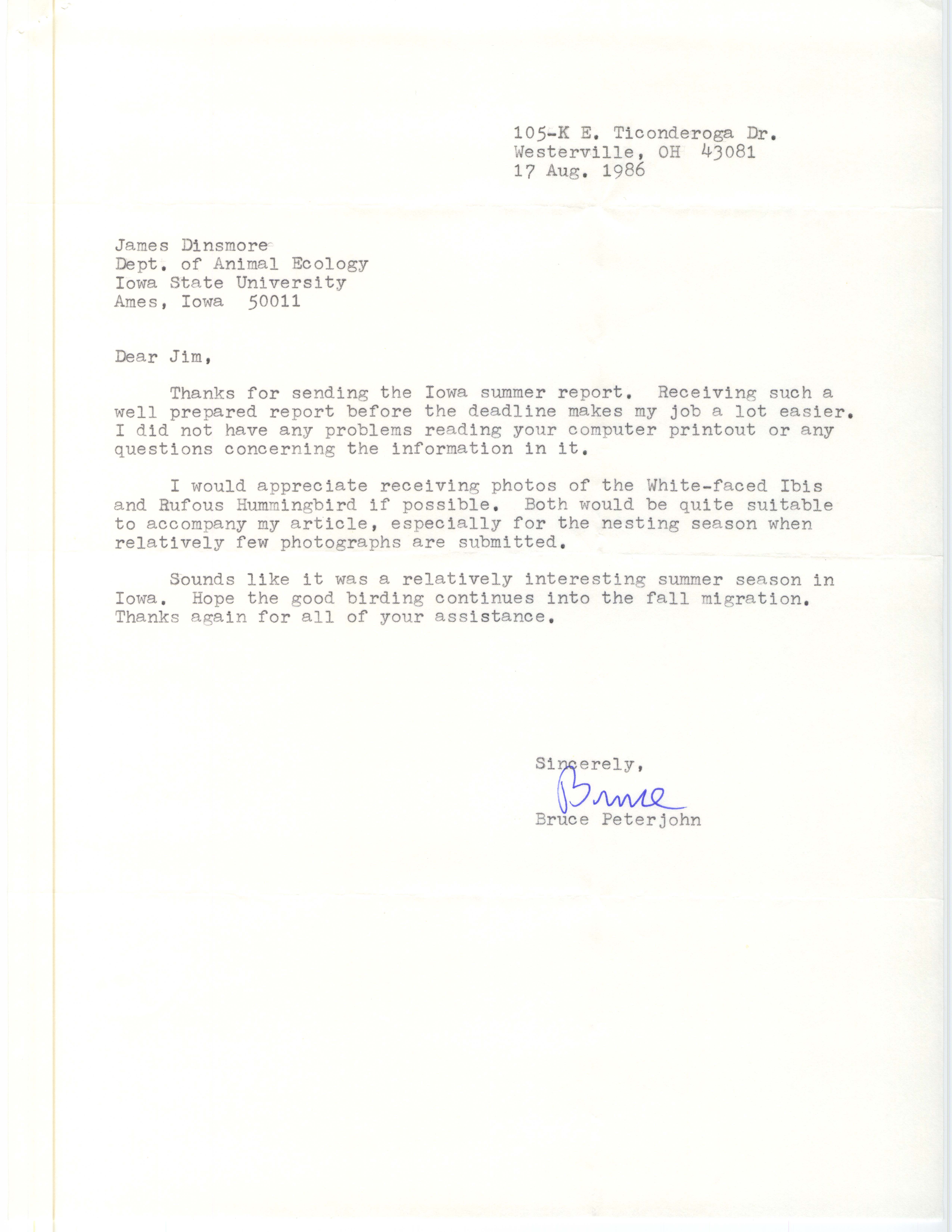 Bruce G. Peterjohn letter to James J. Dinsmore regarding bird reports, August 17, 1986