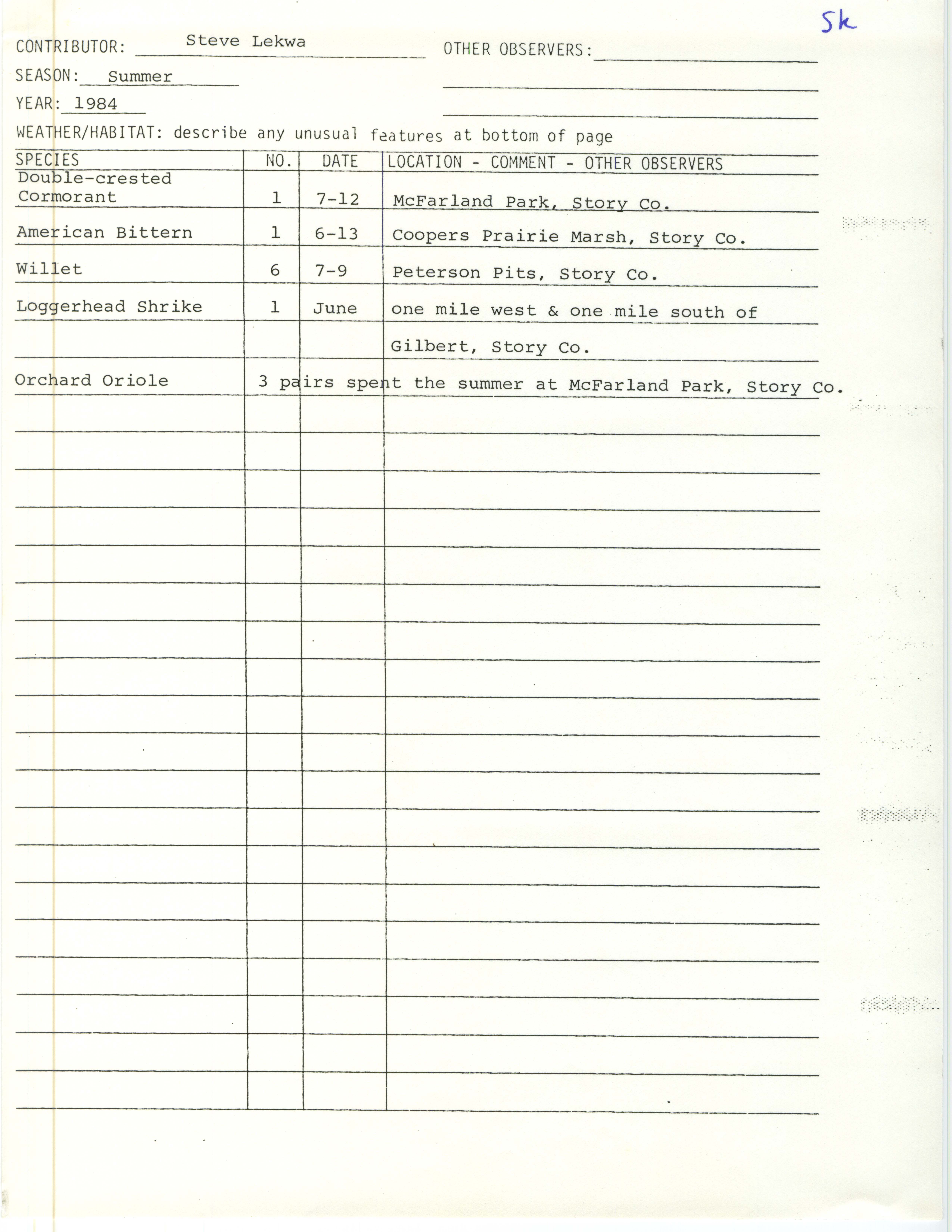 Field notes contributed by Steve Lekwa, summer 1984