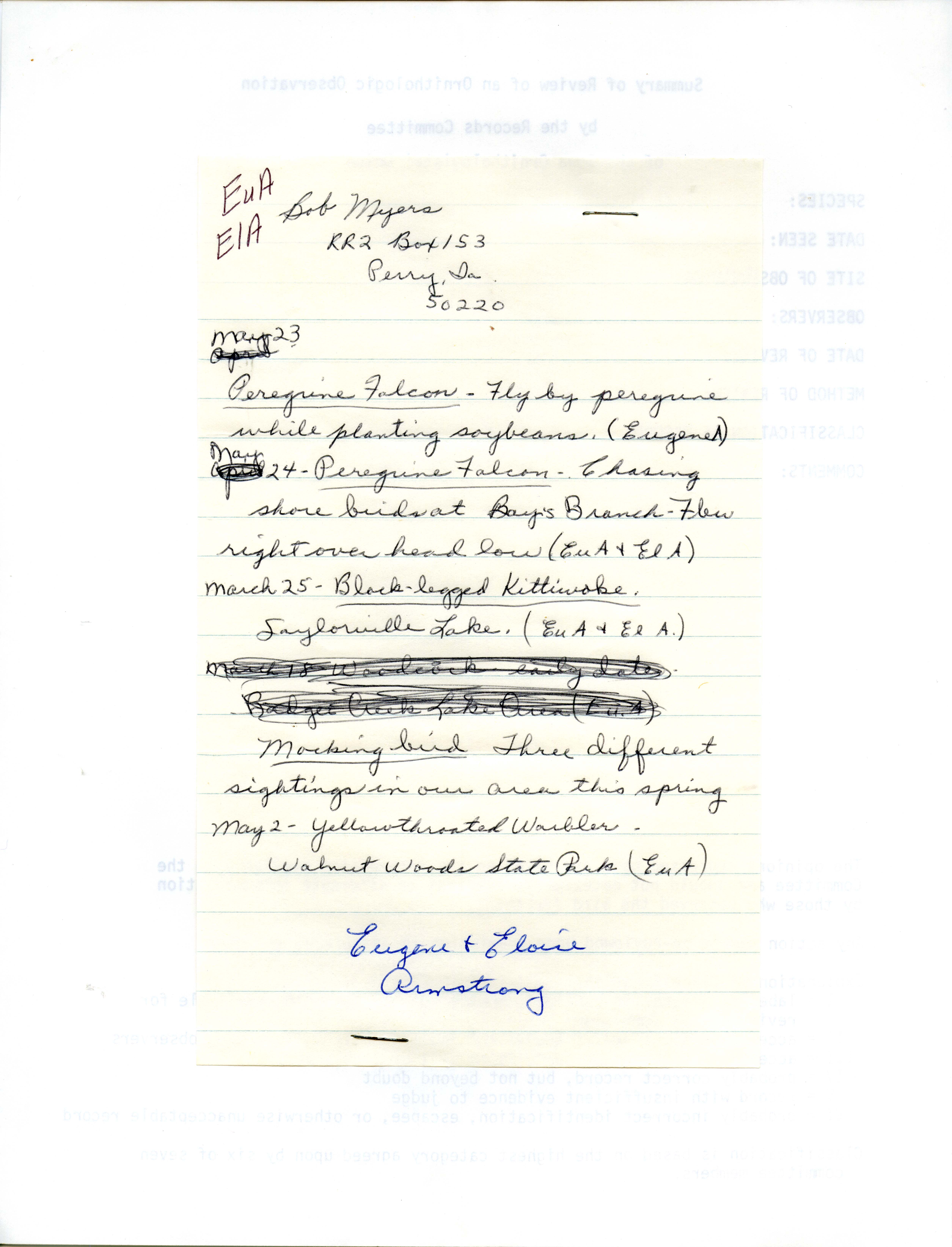 Field notes contributed by Eugene Armstrong and Eloise Armstrong, spring 1987