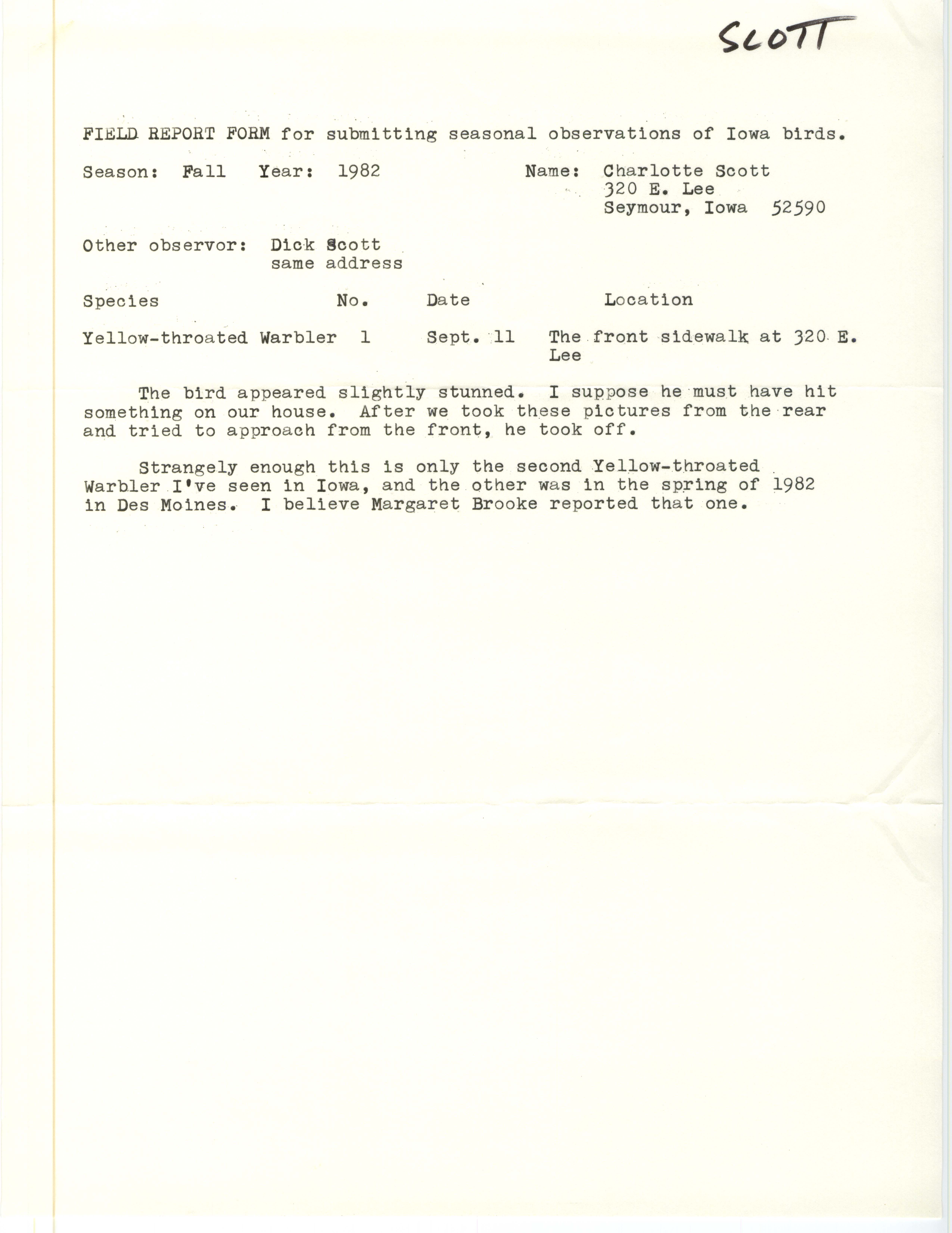 Field notes contributed by Charlotte Scott, fall 1982