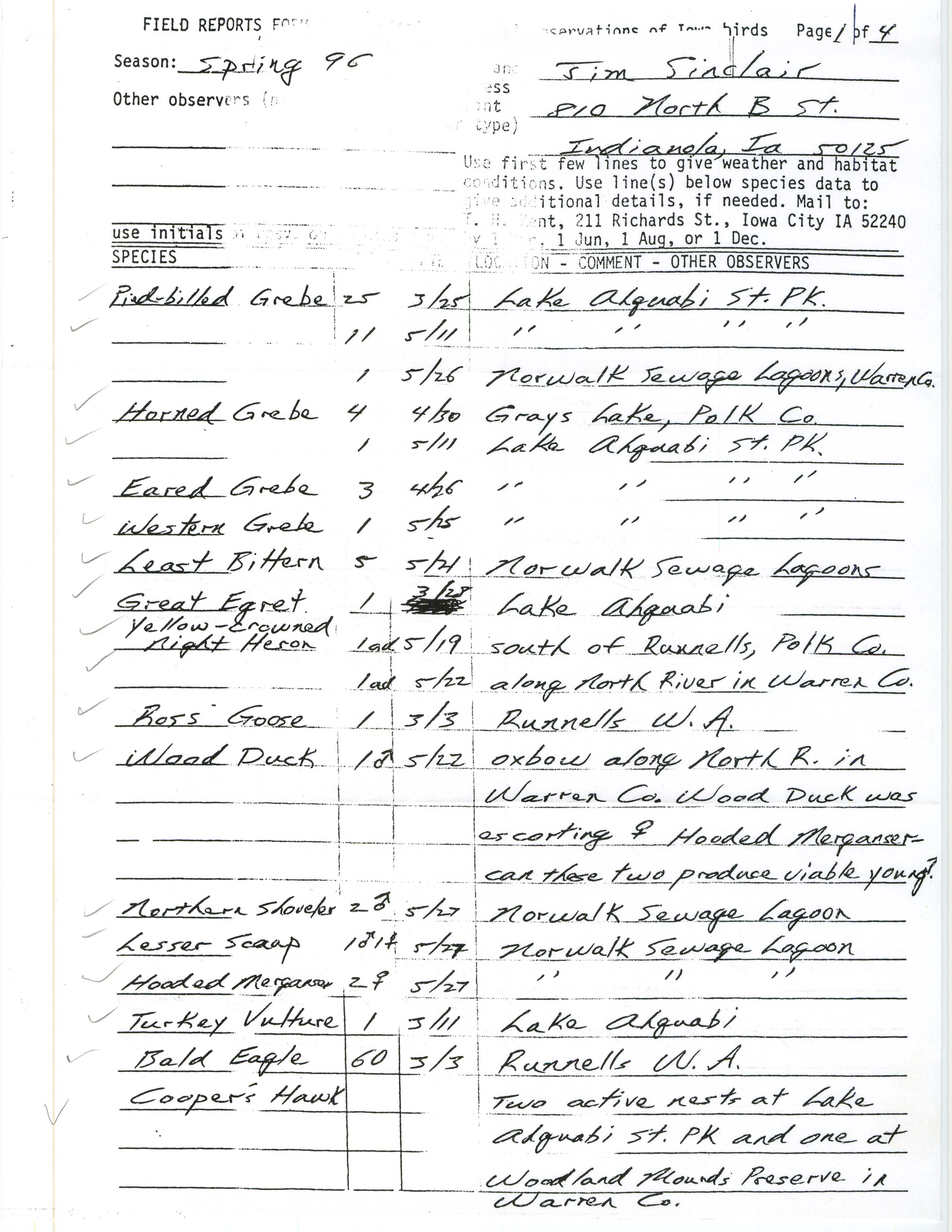 Field reports form for submitting seasonal observations of Iowa birds, Jim Sinclair, spring 1996