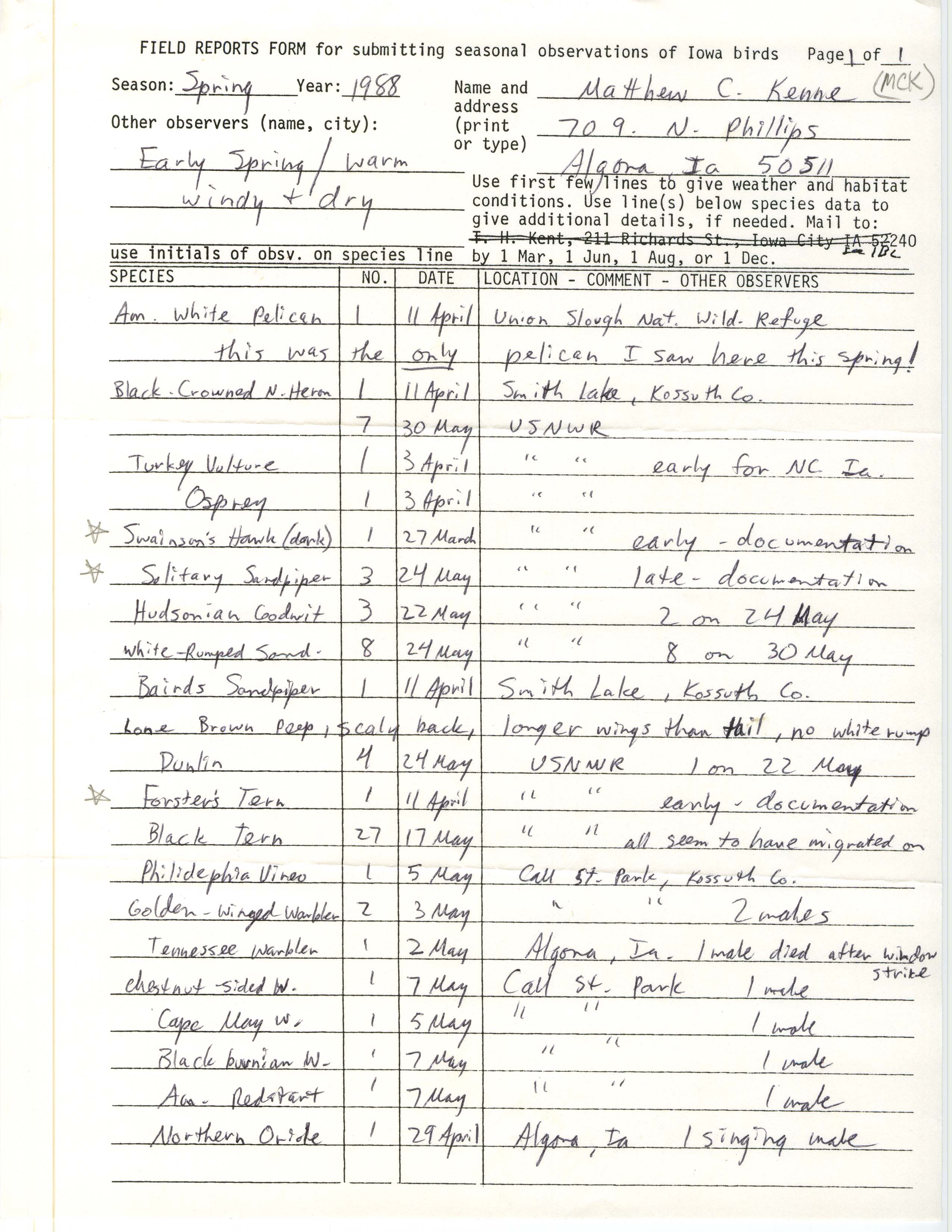 Field reports form for submitting seasonal observations of Iowa birds, Matthew Kenne, spring 1988