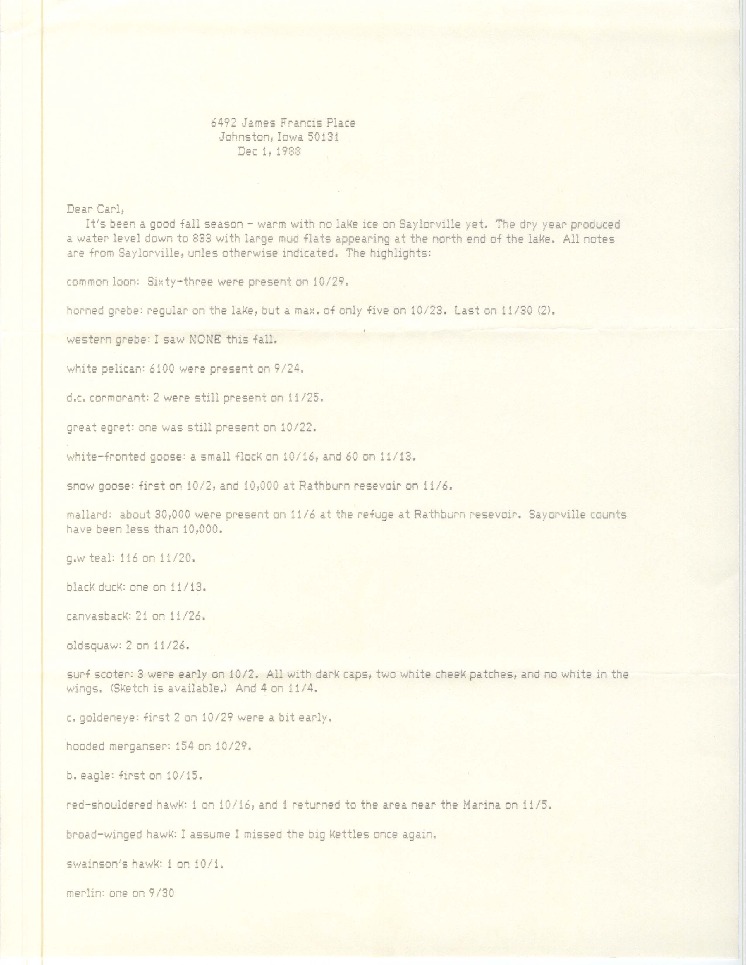 Bery Engebretsen letter to Carl J. Bendorf regarding bird sightings, December 1, 1988