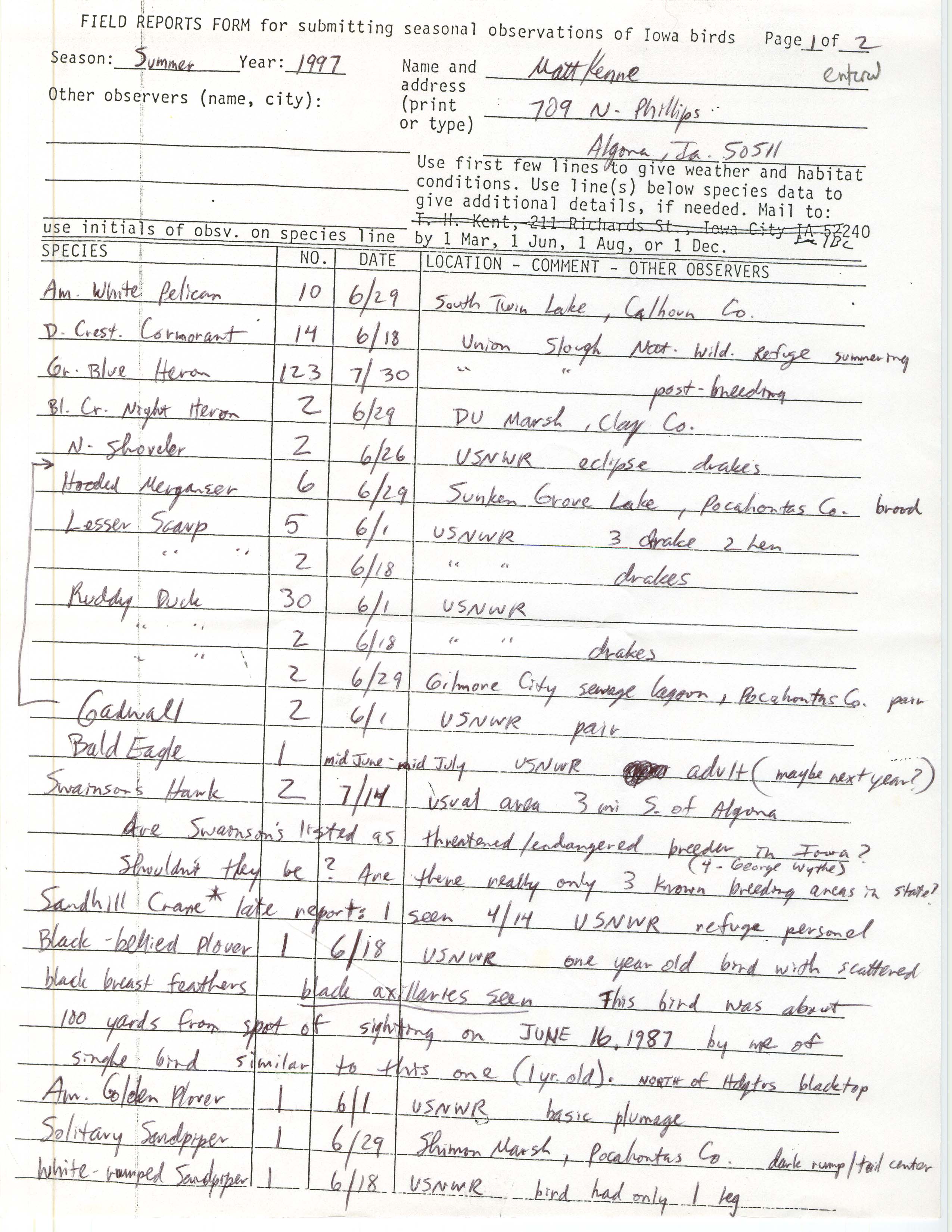 Field reports form for submitting seasonal observations of Iowa birds, Matthew Kenne, summer 1997