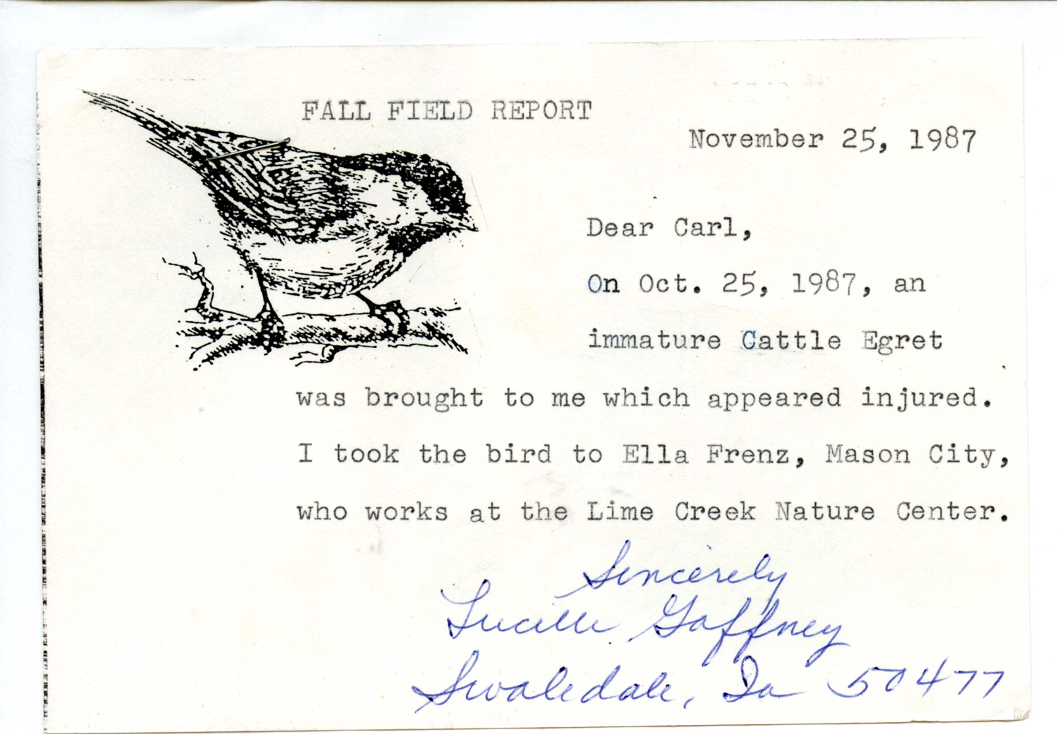 Lucille M. Gaffney letter to Carl J. Bendorf regarding an injured Cattle Egret, November 25, 1987