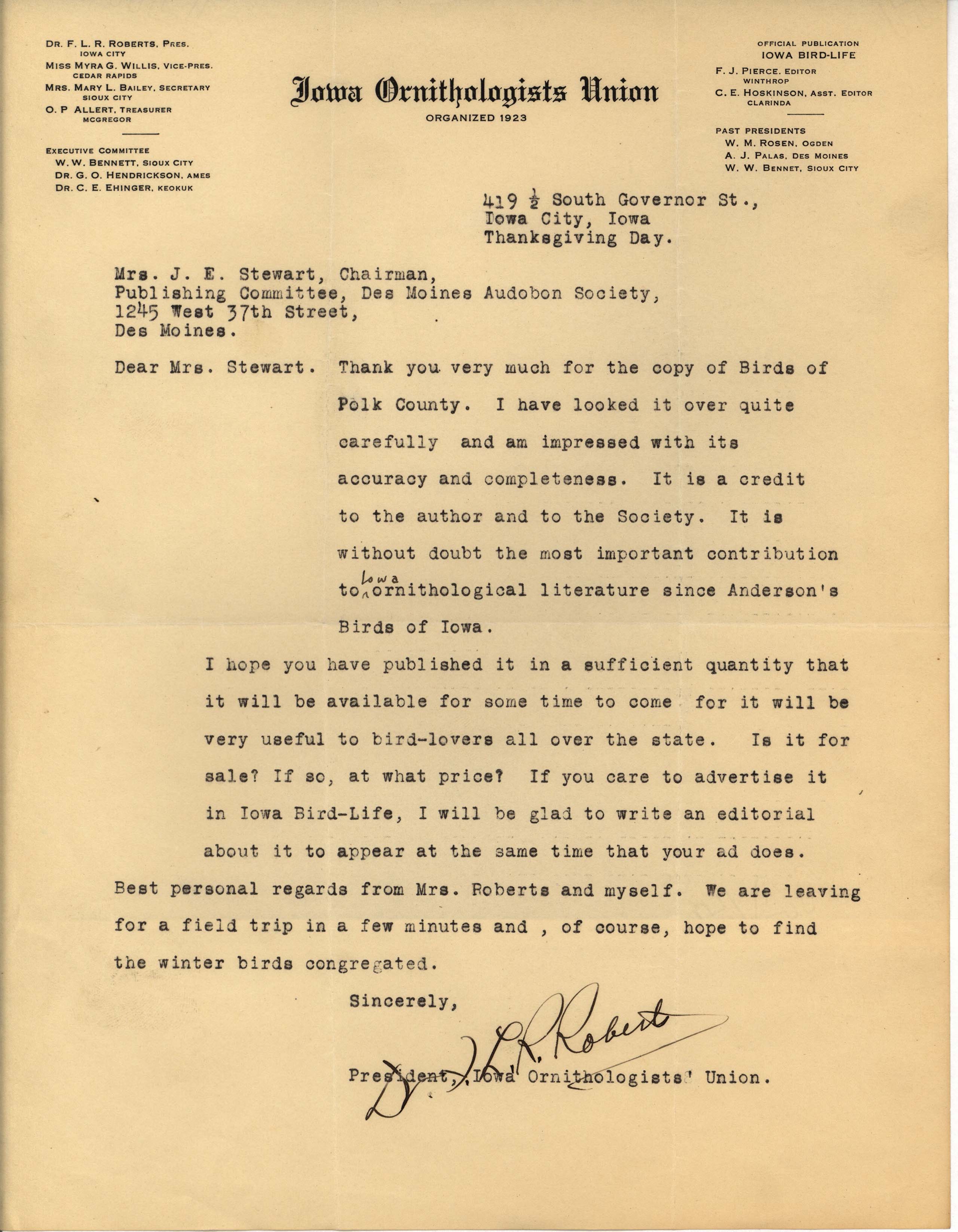 Francis Roberts letter to Mrs. J. E. Stewart regarding advertising the book 