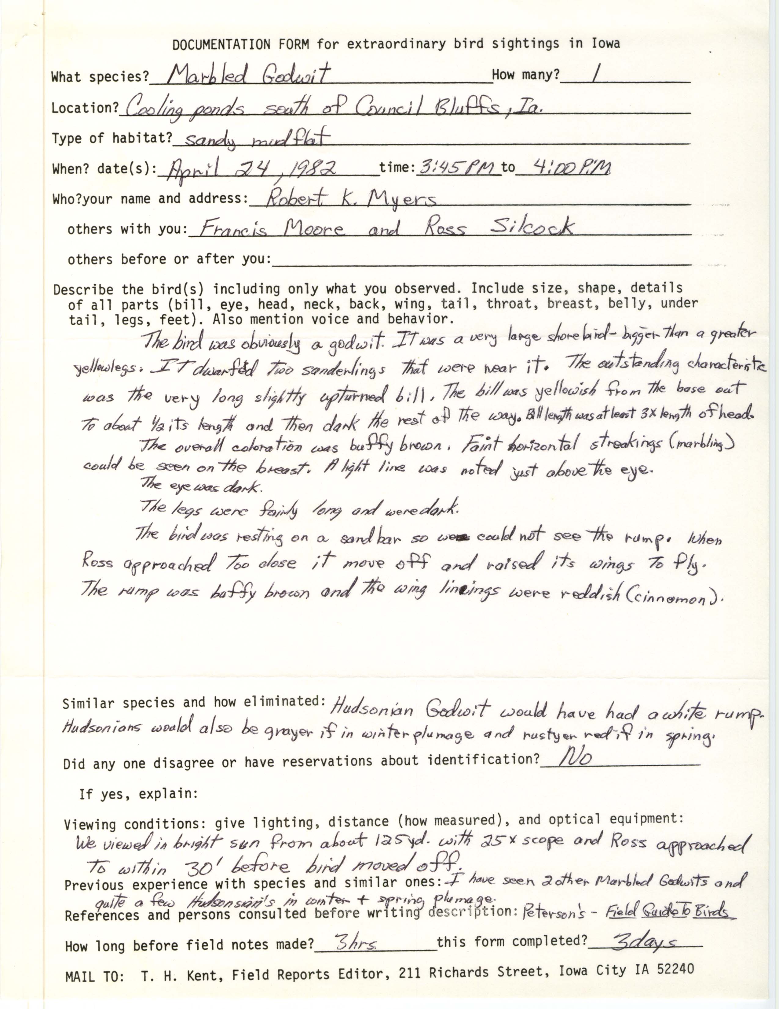 Rare bird documentation form for Marbled Godwit at Council Bluffs, 1982