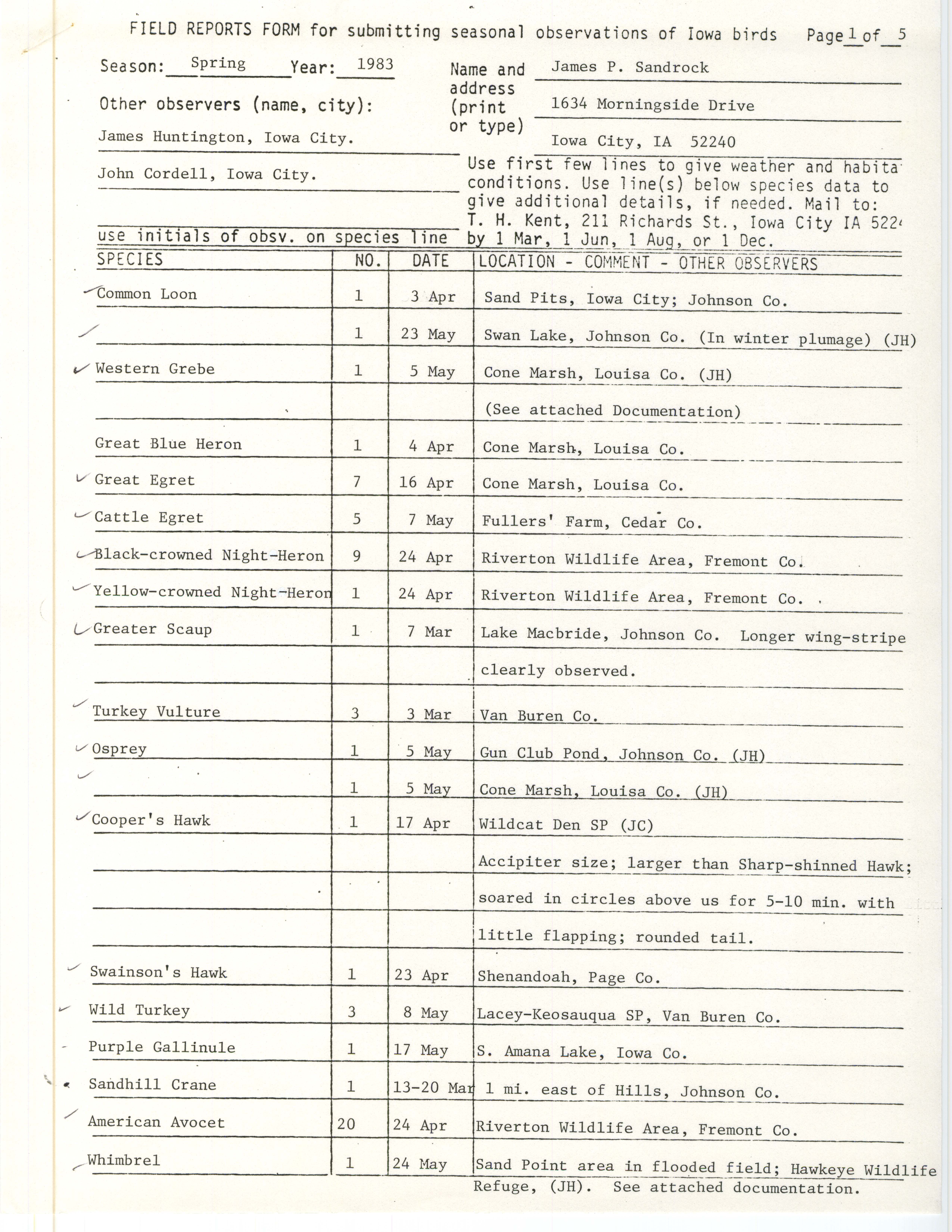 Field reports form for submitting seasonal observations of Iowa birds, James P. Sandrock, spring 1983