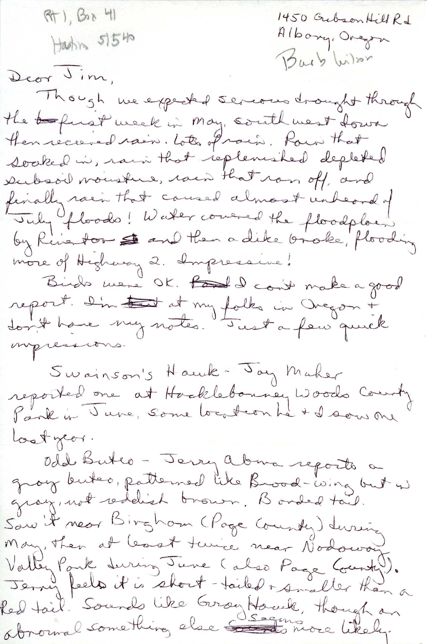 Barb Wilson letter to Jim Dinsmore regarding bird sightings for IOU quarterly field reports, summer 1990