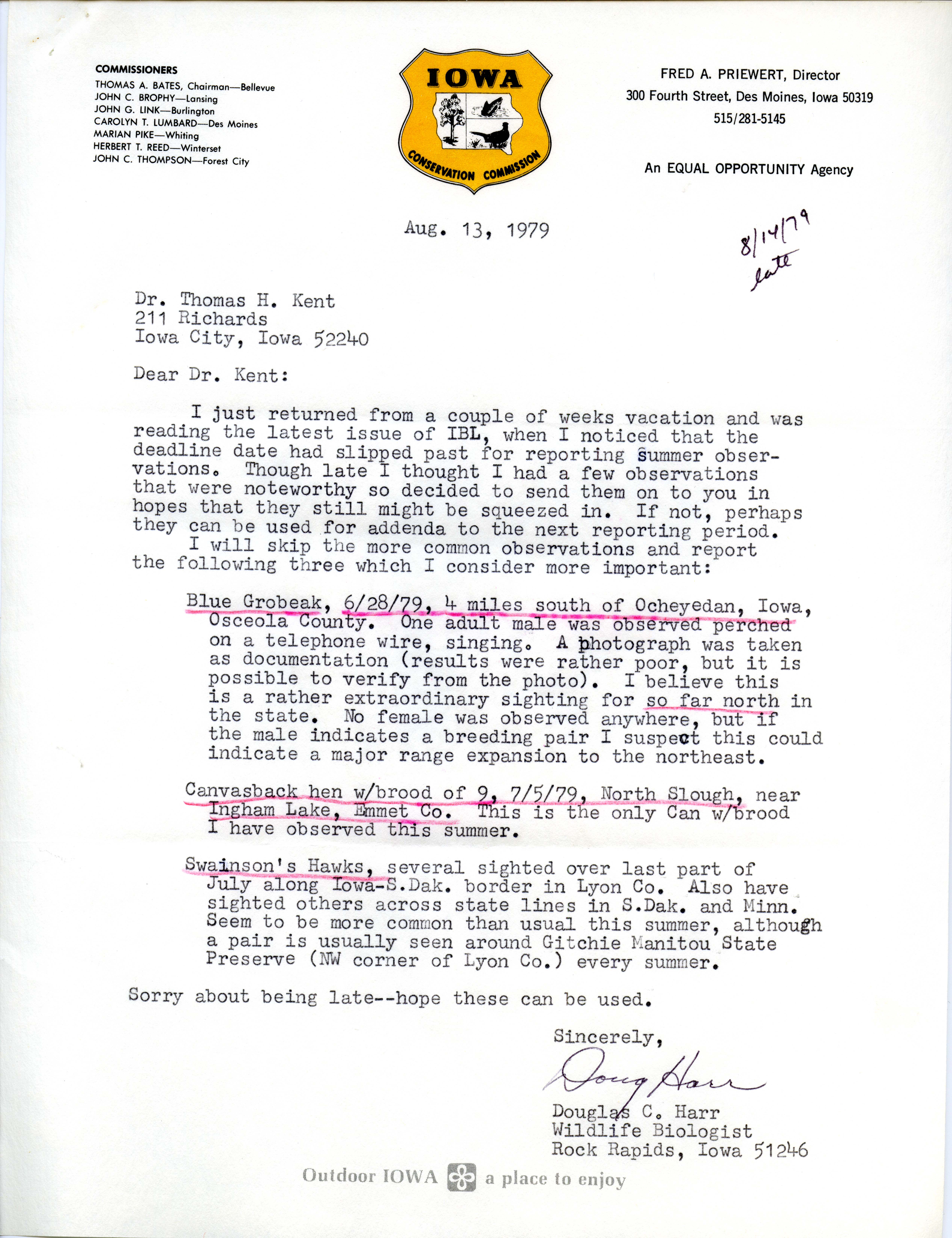 Douglas C. Harr letter to Thomas H. Kent regarding bird sightings, August 13, 1979