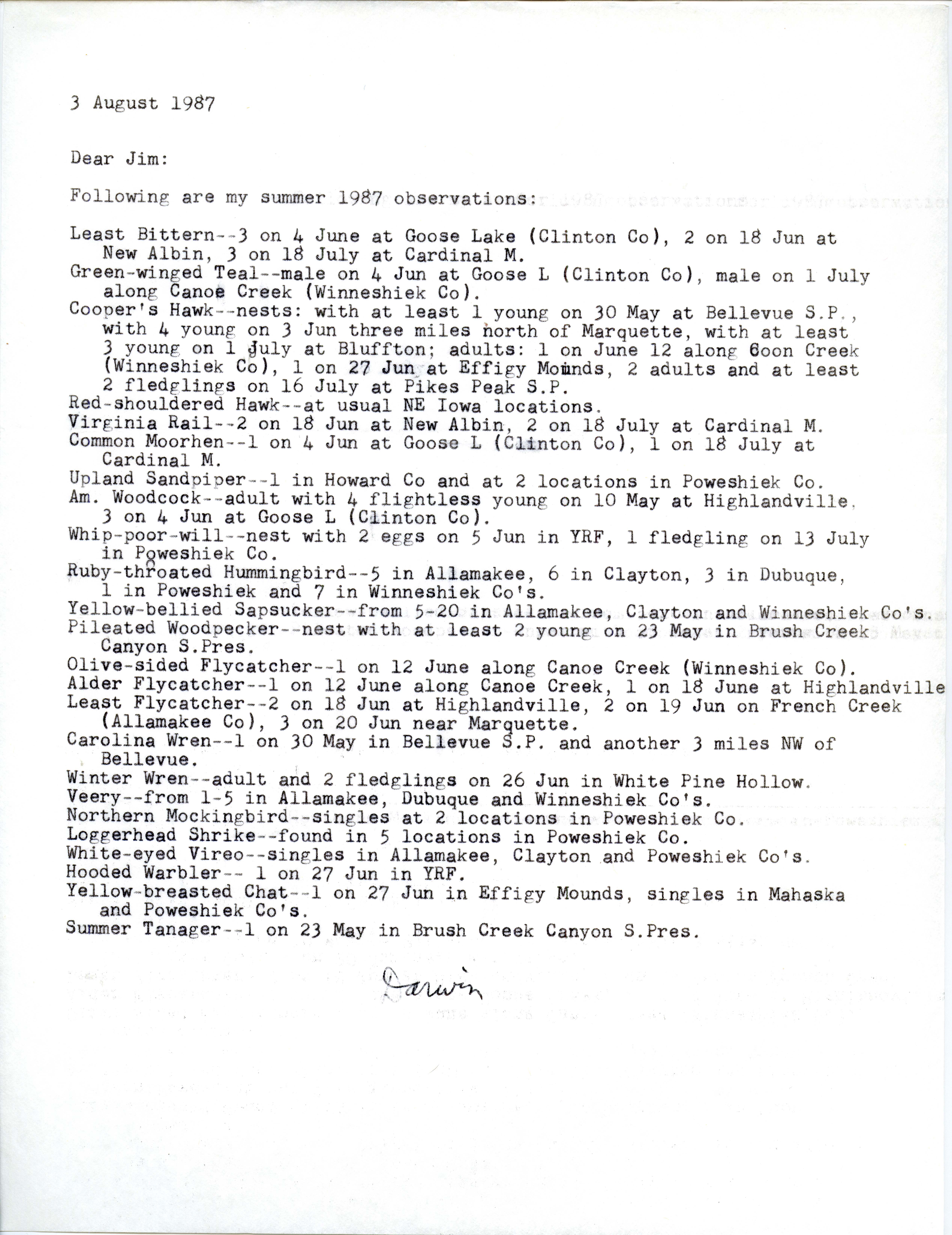 Darwin Koenig letter to James J. Dinsmore regarding summer bird sightings, August 3, 1987