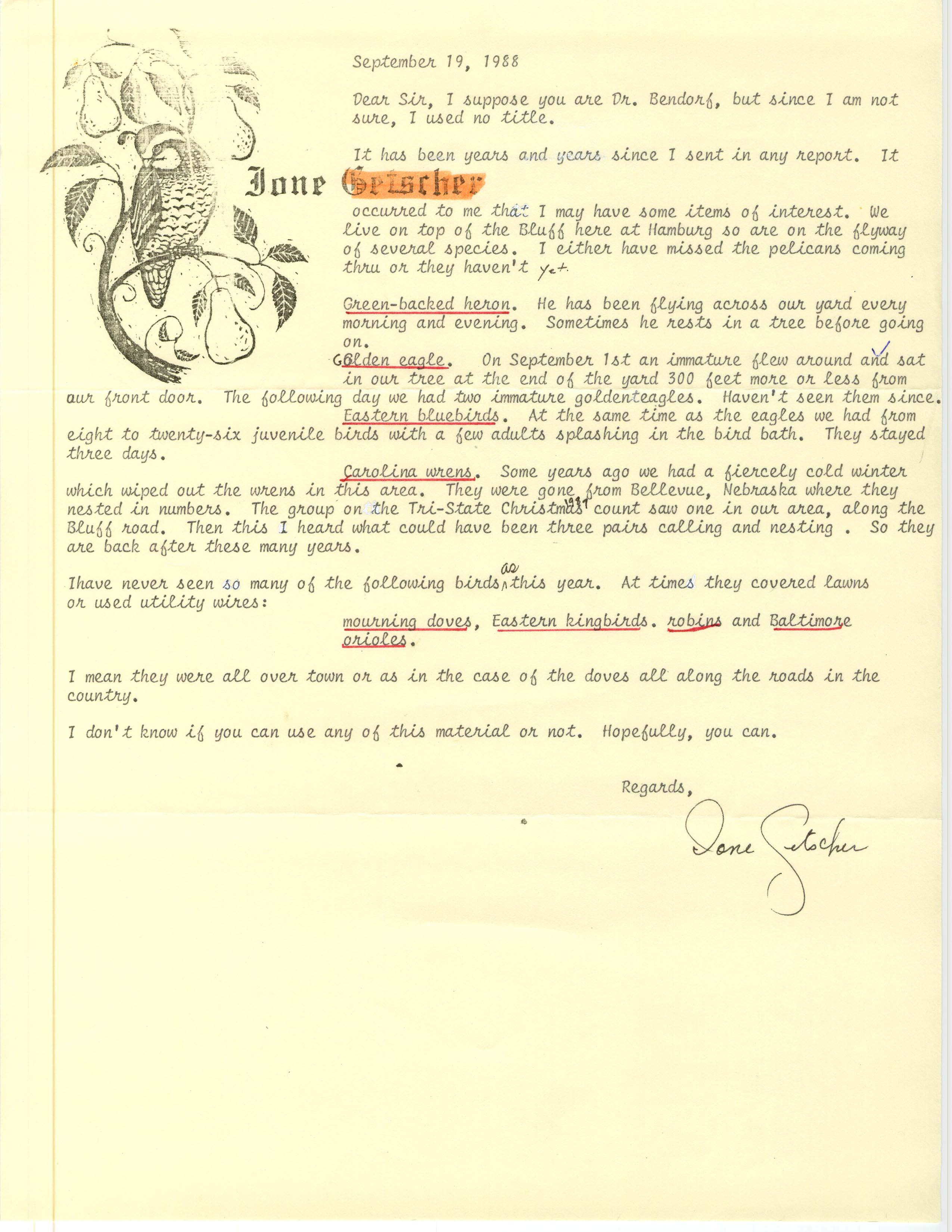 Ione Getscher letter to Carl J. Bendorf regarding bird sightings, September 19, 1988