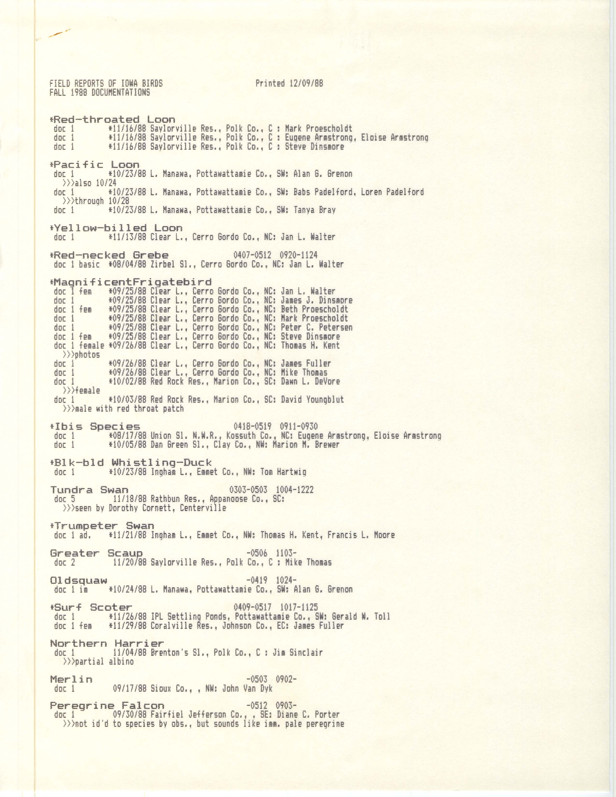 Field reports of Iowa birds, fall 1988 documentations, December 9, 1988