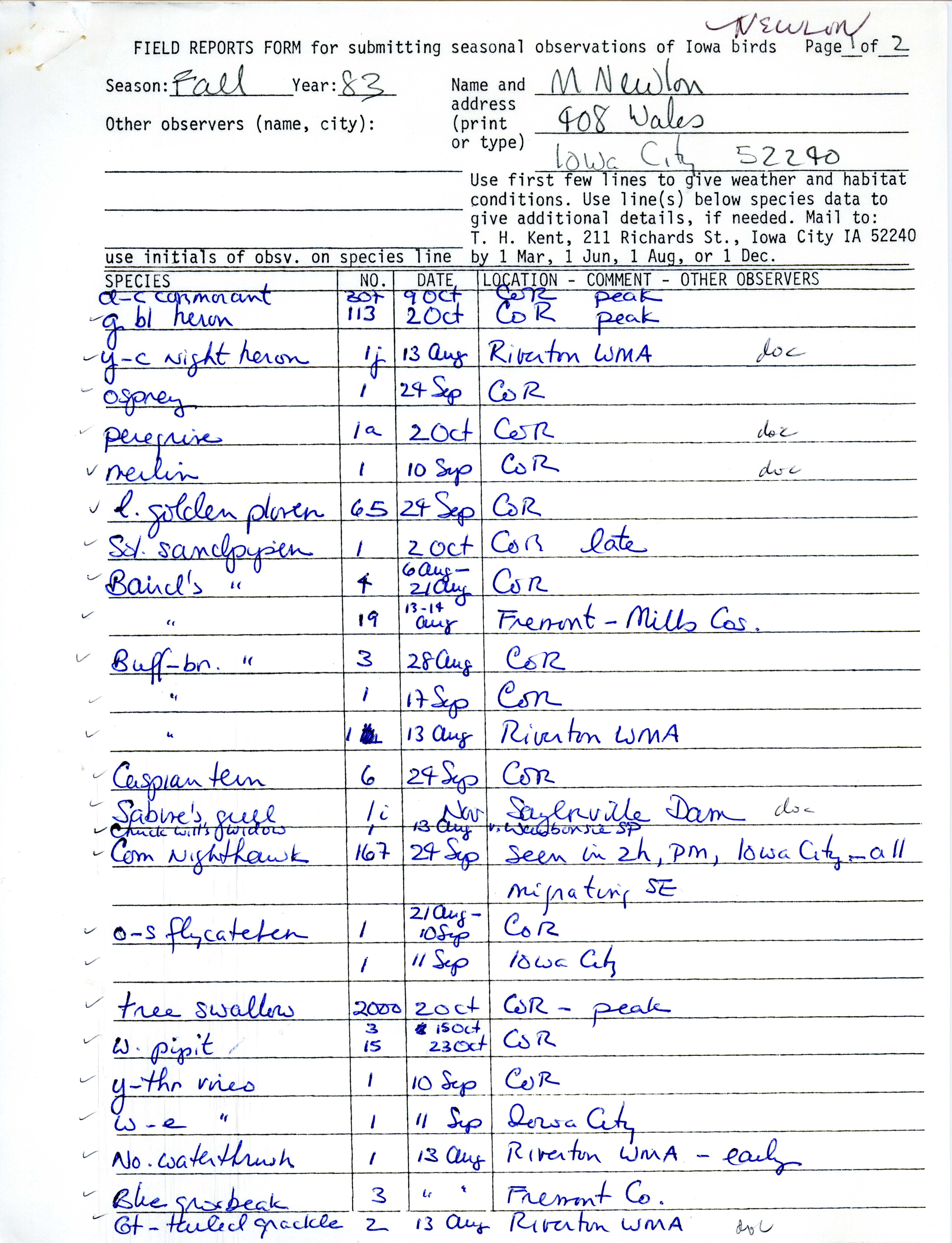 Field reports form for submitting seasonal observations of Iowa birds, Michael Newlon, fall 1983