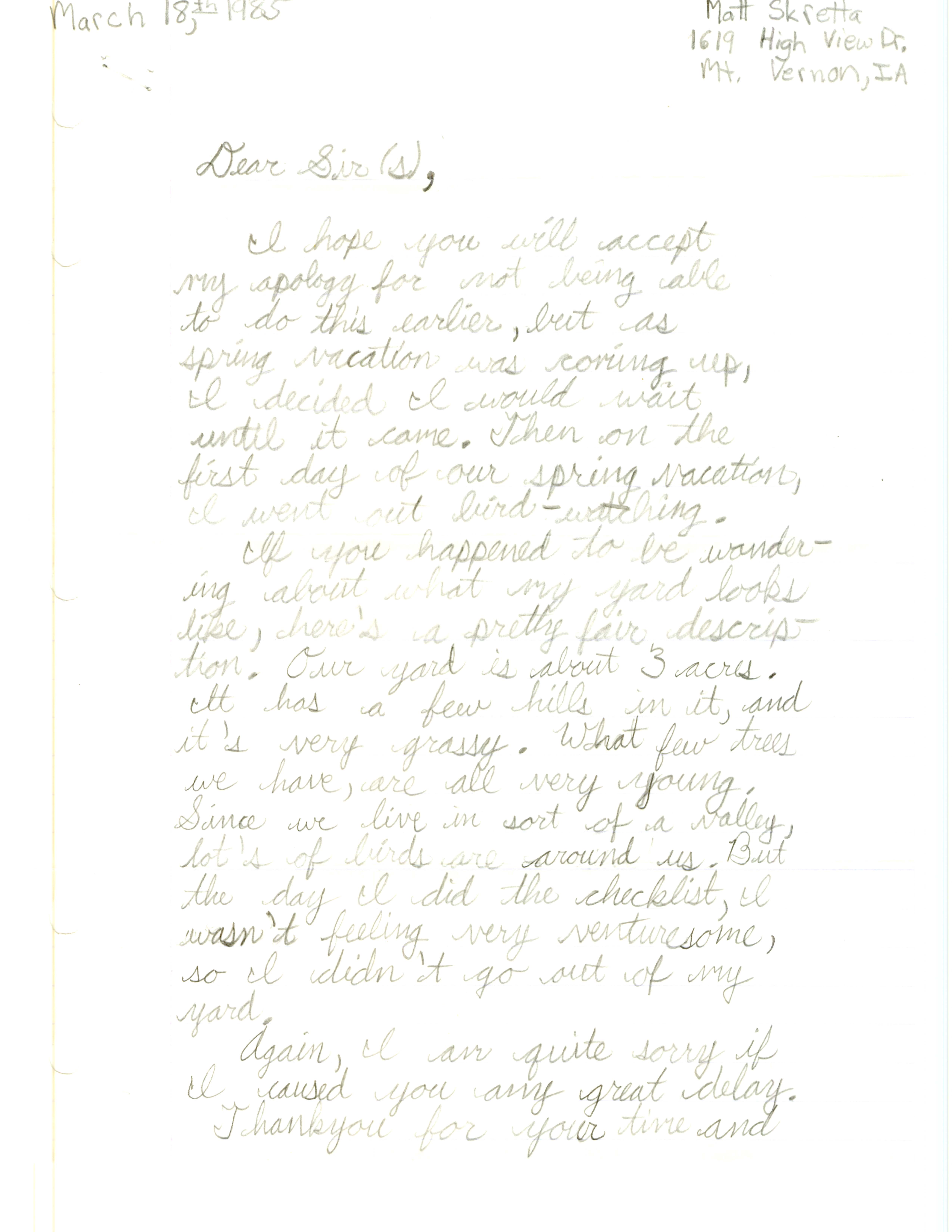 Matt Skretta letter to Iowa Ornitholgoists' Union regarding field notes, March 18, 1985