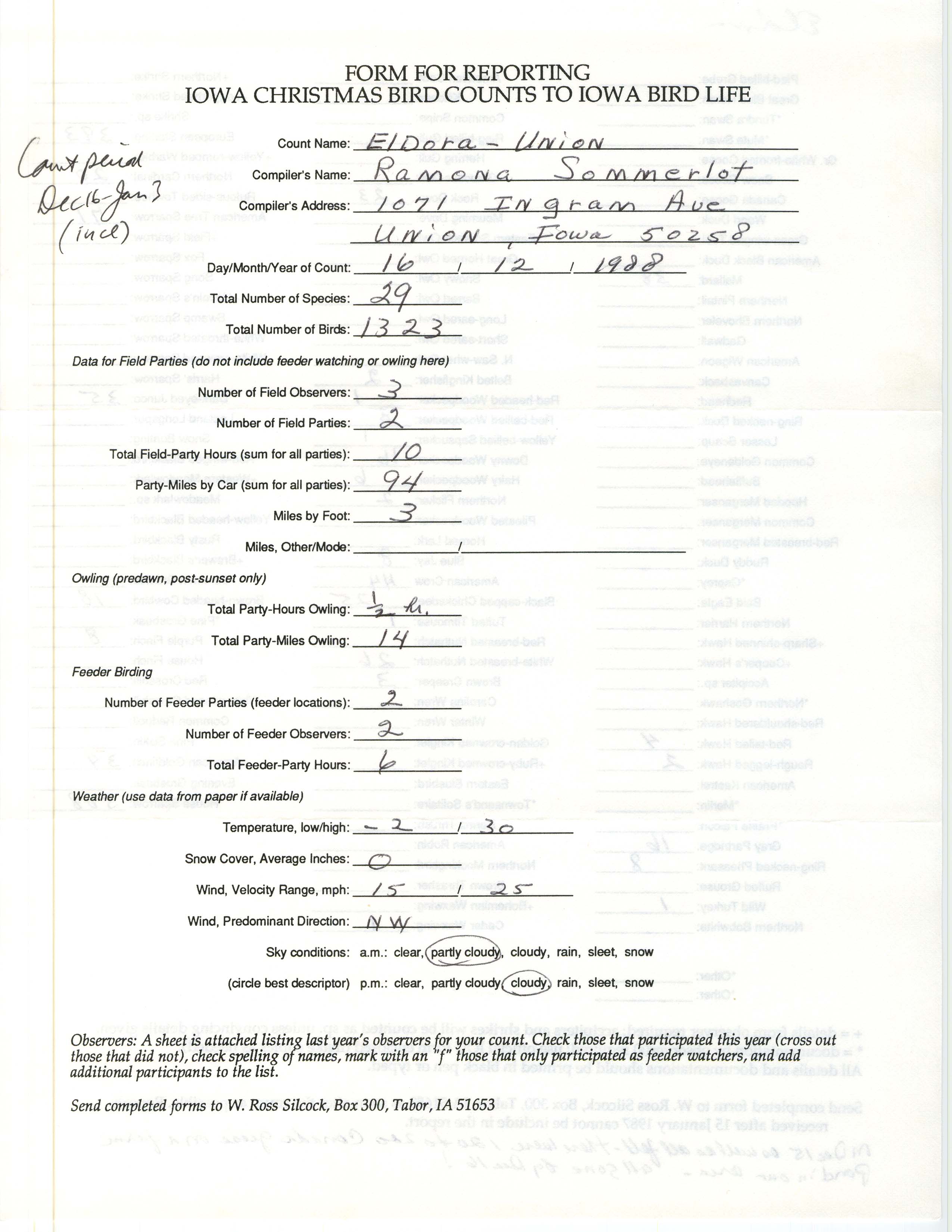 Form for reporting Iowa Christmas bird counts to Iowa Bird Life, Ramona R. Sommerlot, December 16, 1988