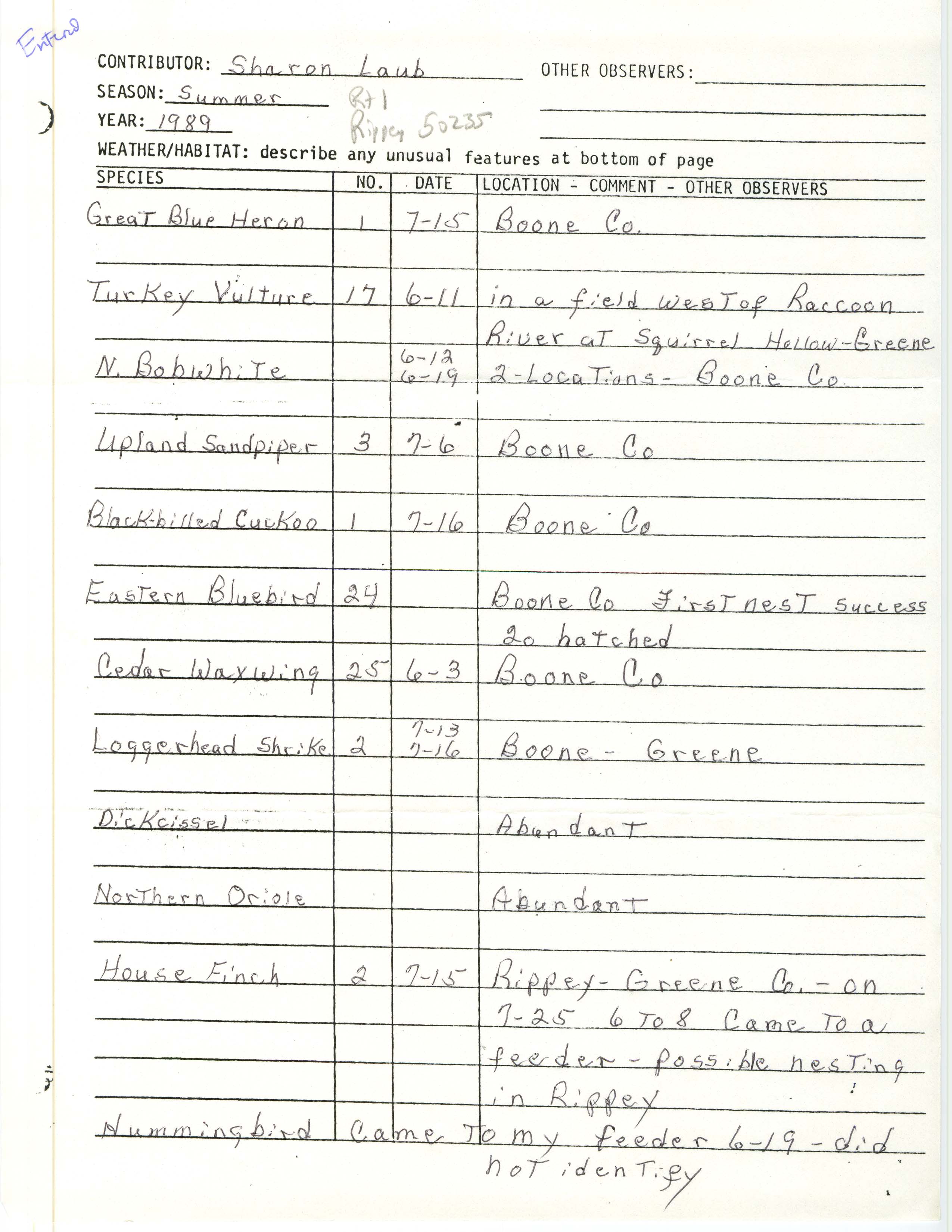 Field notes contributed by Sharon Laub, summer 1989