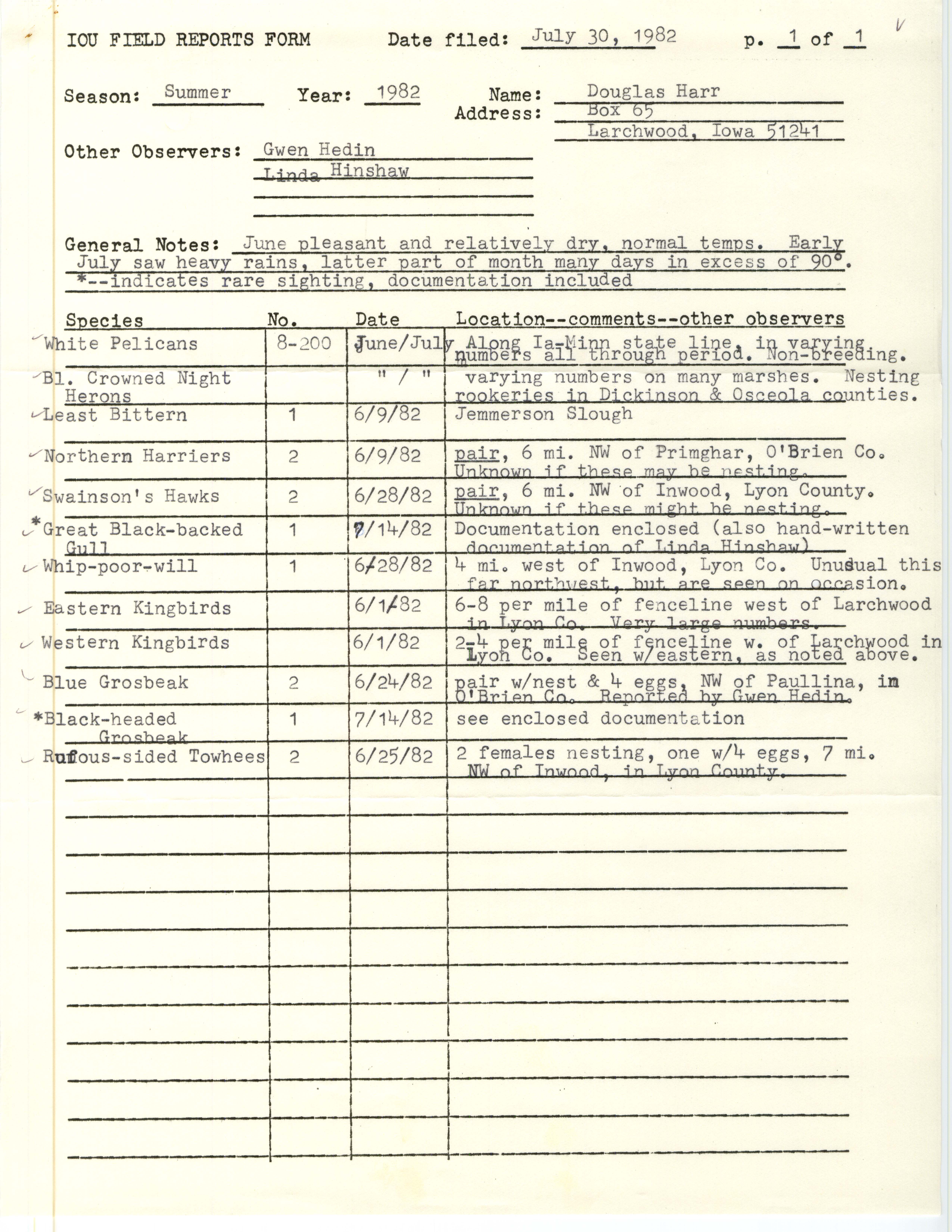 Field report contributed by Douglas C. Harr, July 30, 1982