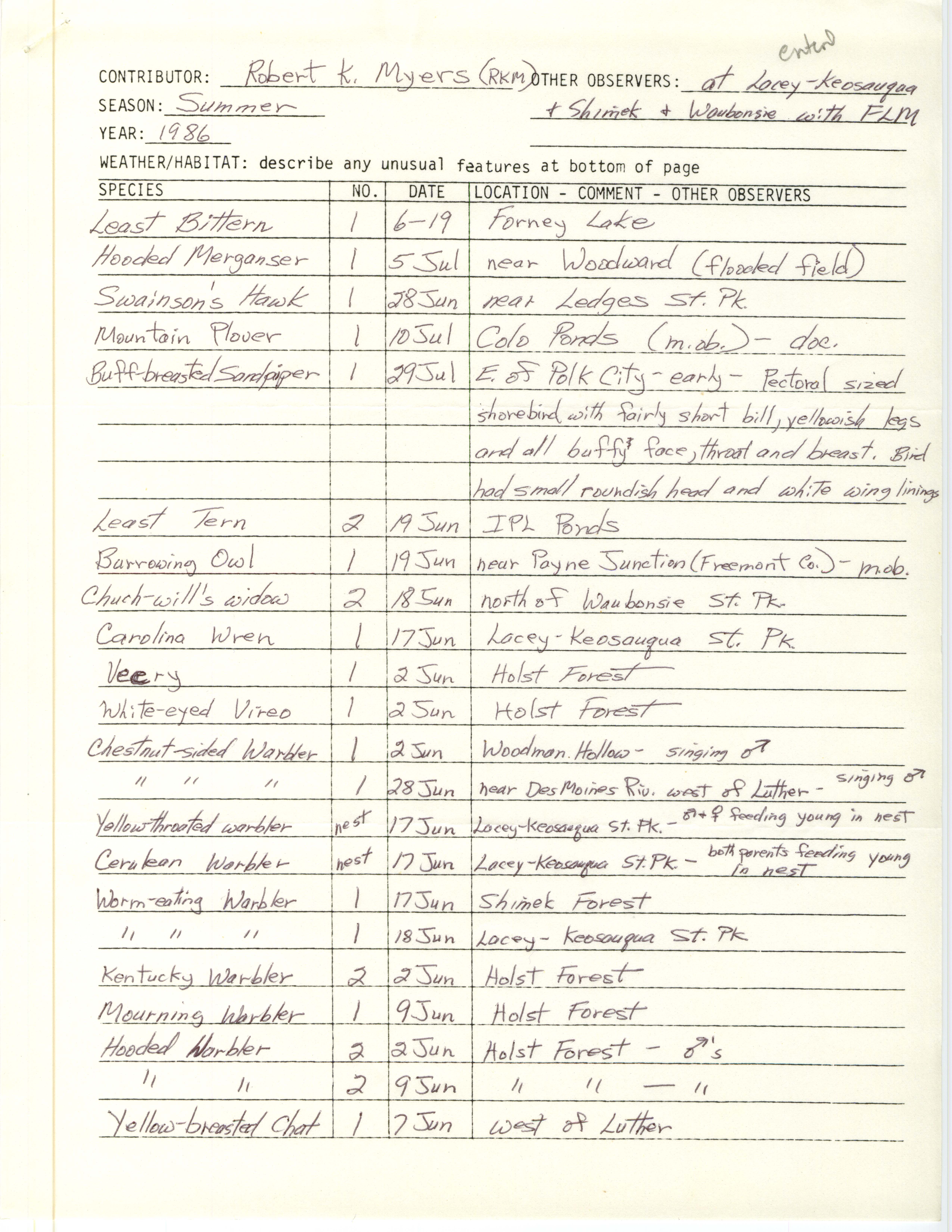 Field notes contributed by Robert K. Myers, summer 1986