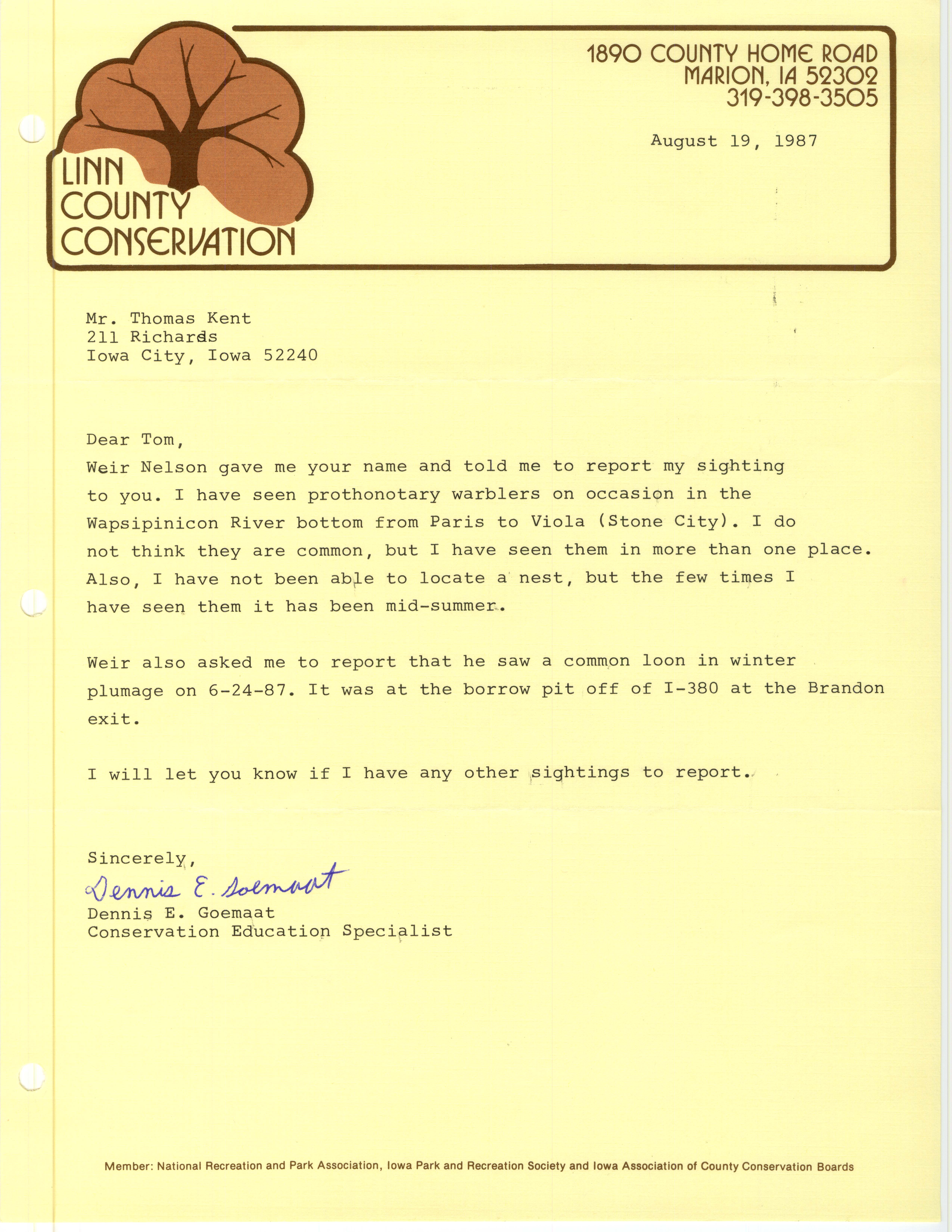 Dennis E. Goemaat letter to Thomas H. Kent regarding Prothonotary Warbler sightings, August 19, 1987