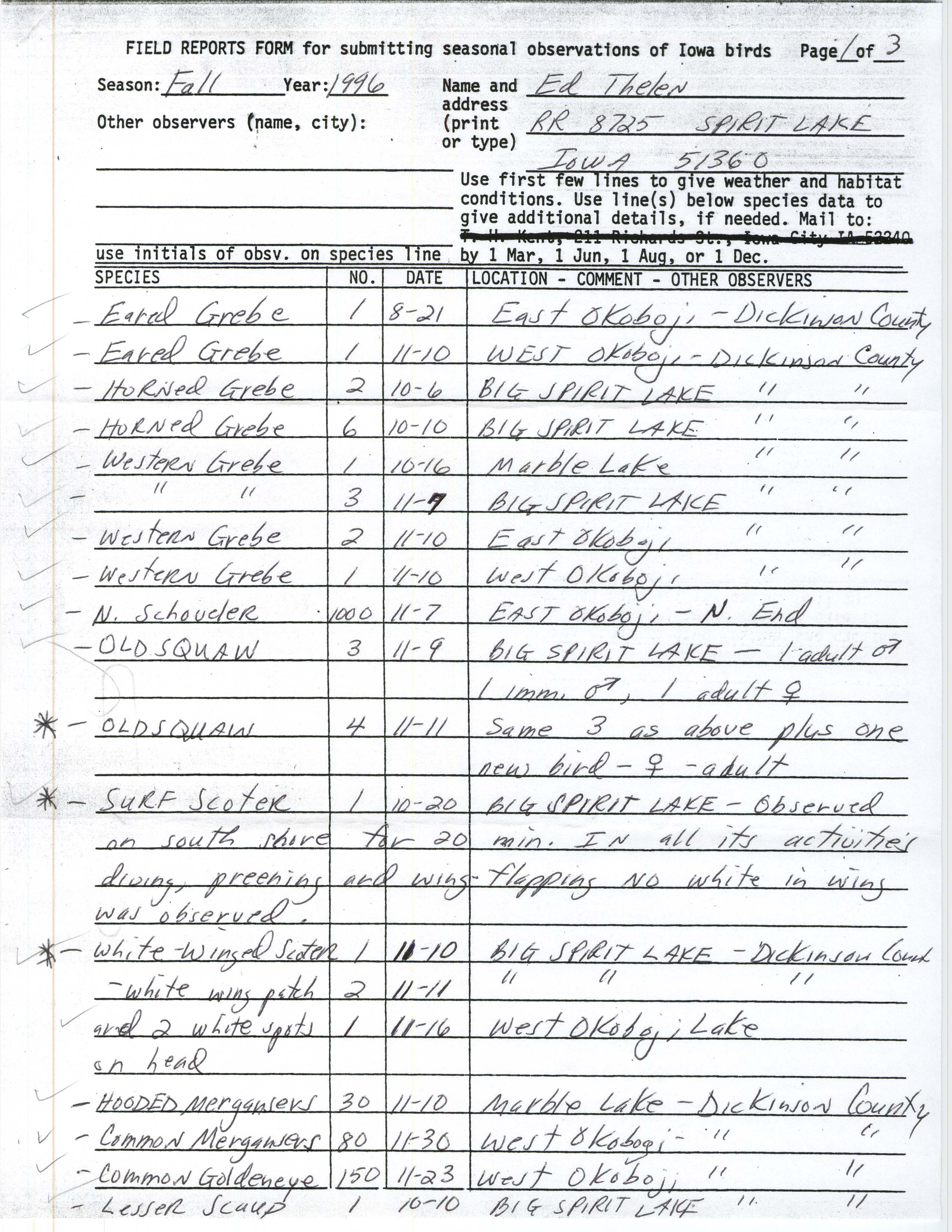 Field reports form for submitting seasonal observations of Iowa birds, Ed Thelen, fall 1996