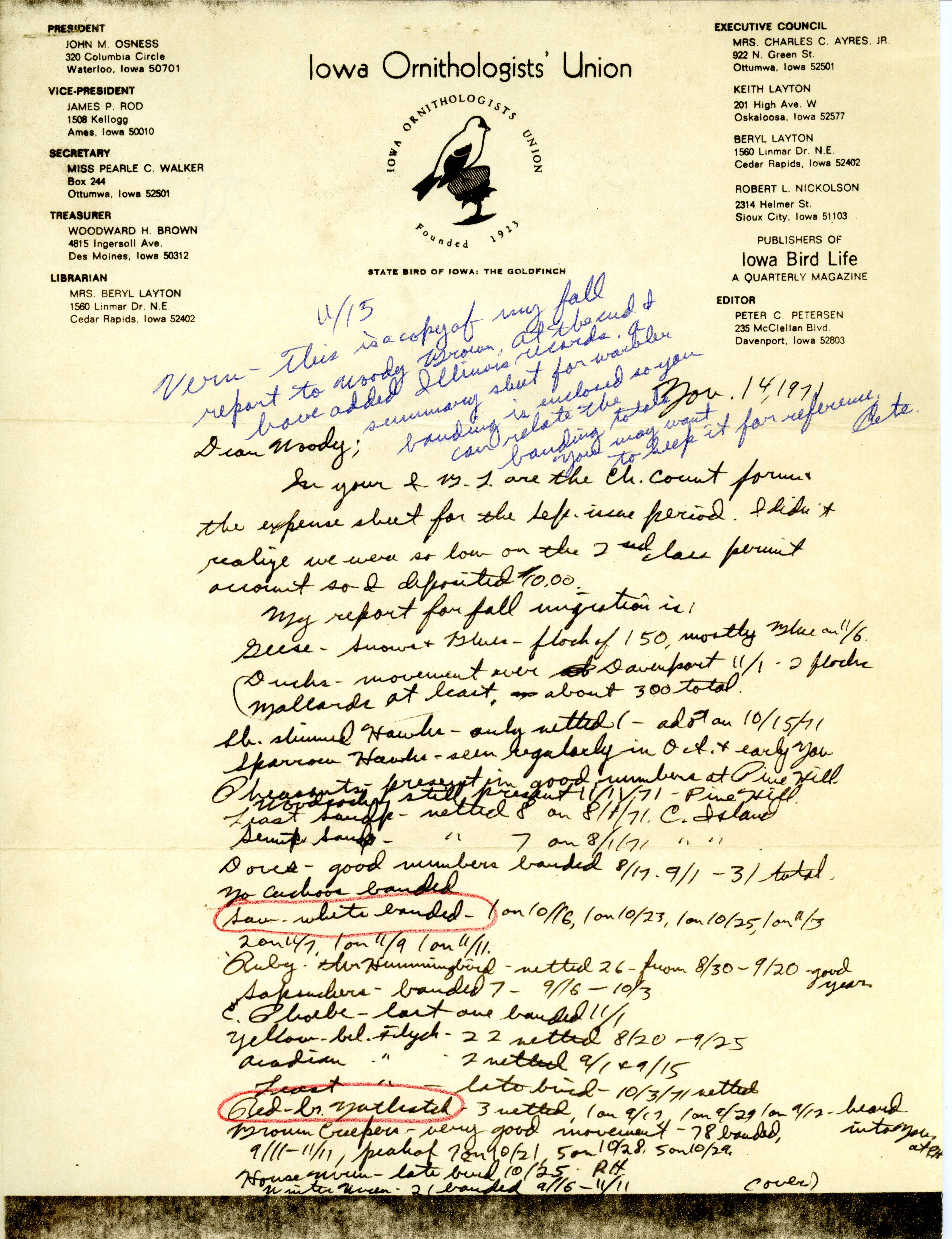 Peter C. Peterson letter to Woodward H. Brown, regarding fall migration 1971, November 14, 1971