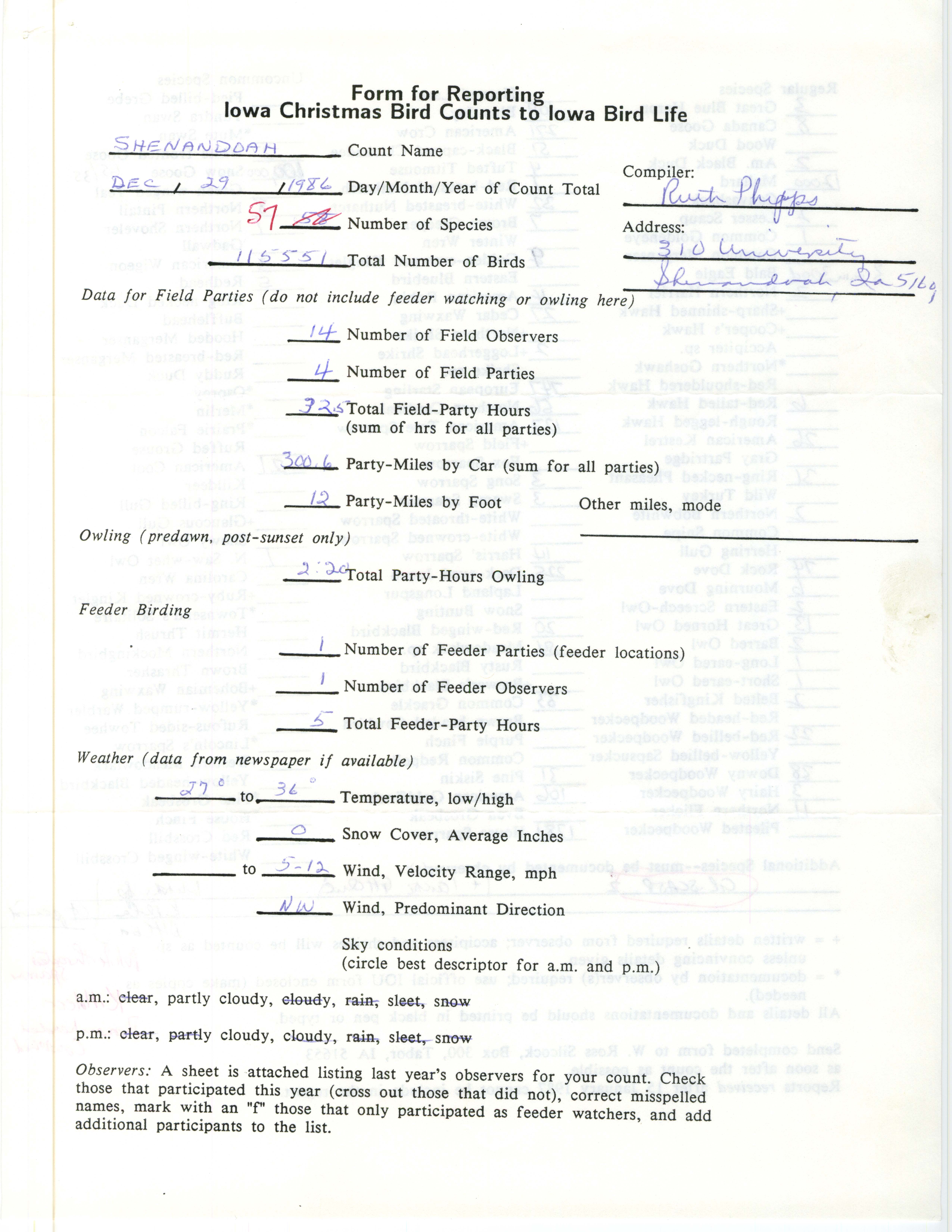 Form for reporting Iowa Christmas bird counts to Iowa Bird Life, Ruth Phipps, December 29, 1986