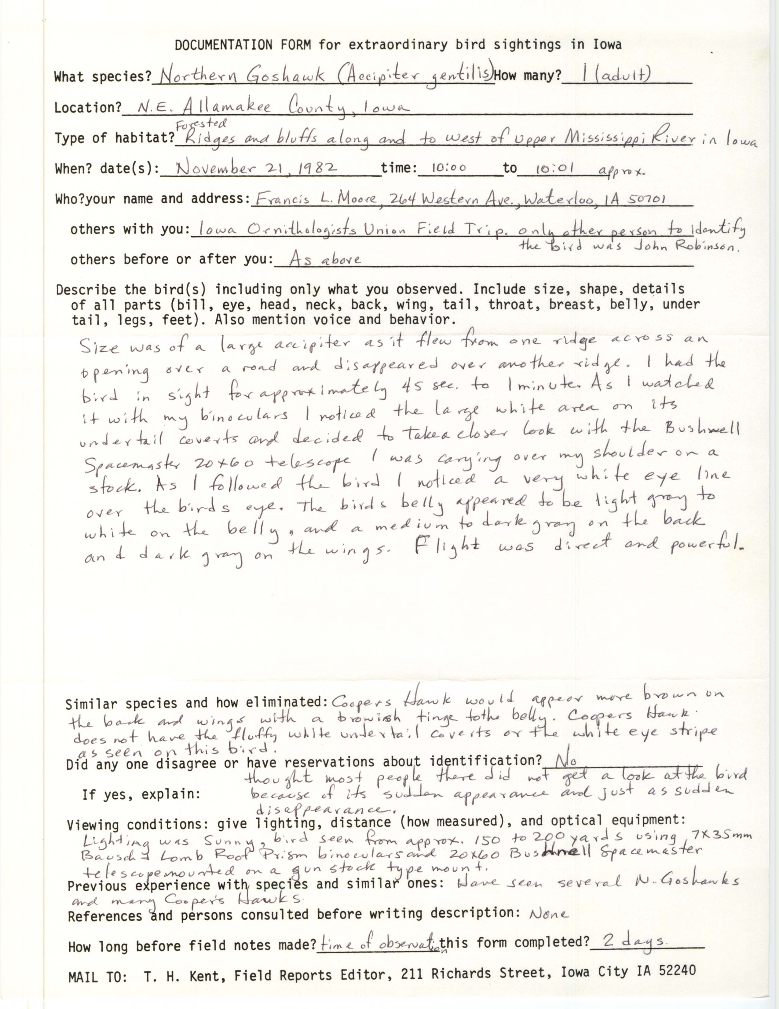Rare bird documentation form for Northern Goshawk at Allamakee County, 1982
