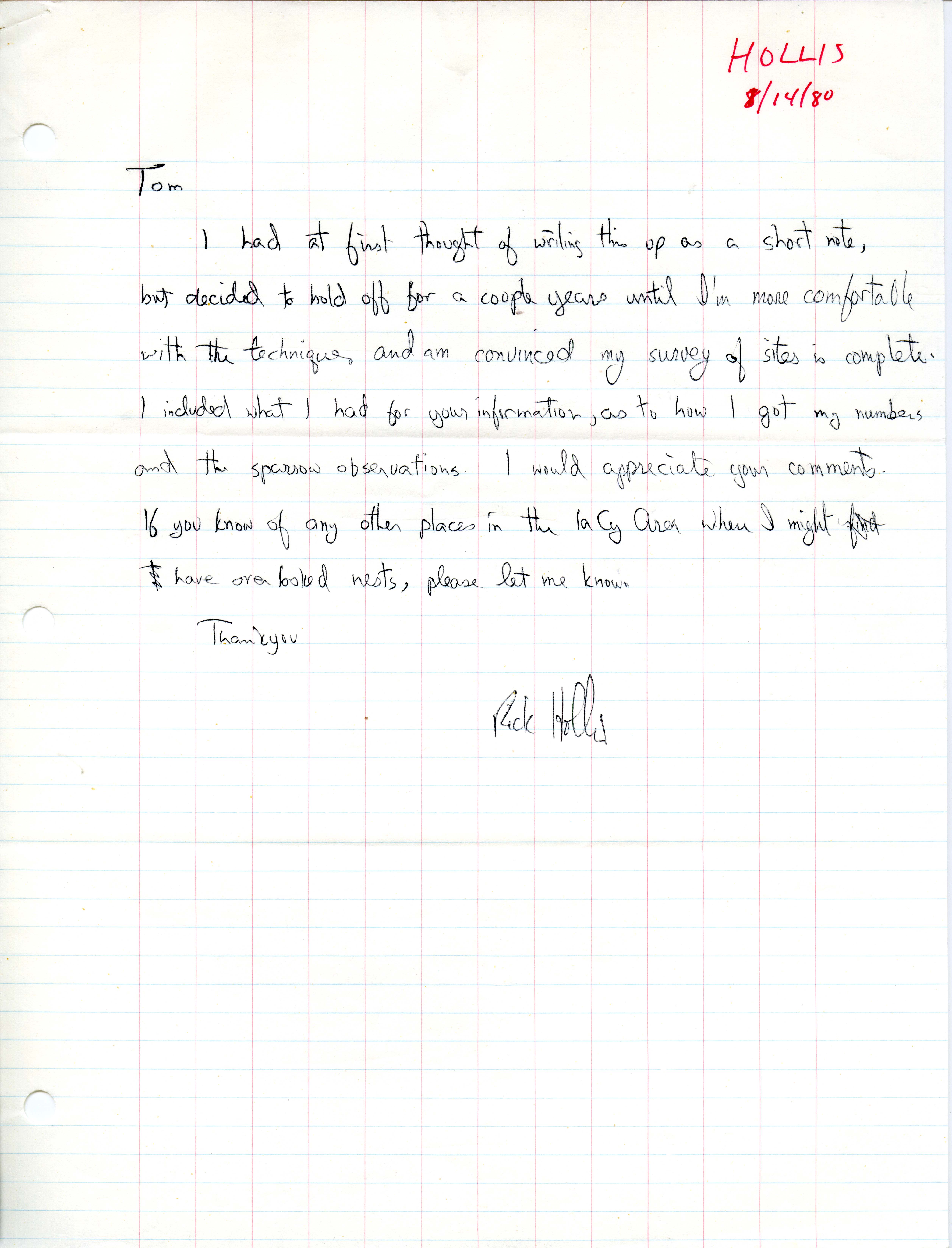 Richard Jule Hollis letter to Thomas H. Kent regarding Cliff Swallows, August 14, 1980