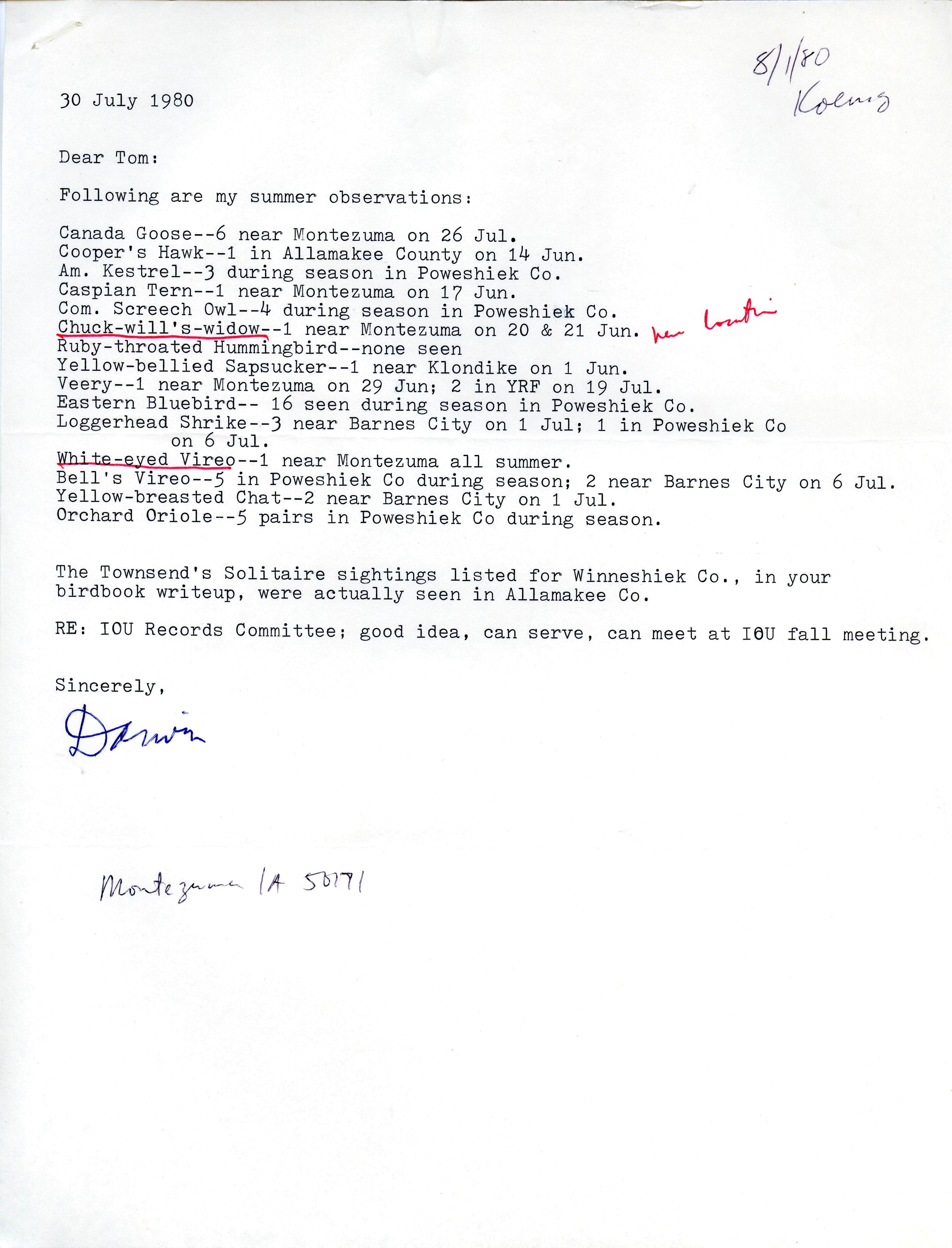 Darwin Koenig letter to Thomas H. Kent regarding bird sightings, July 30, 1980