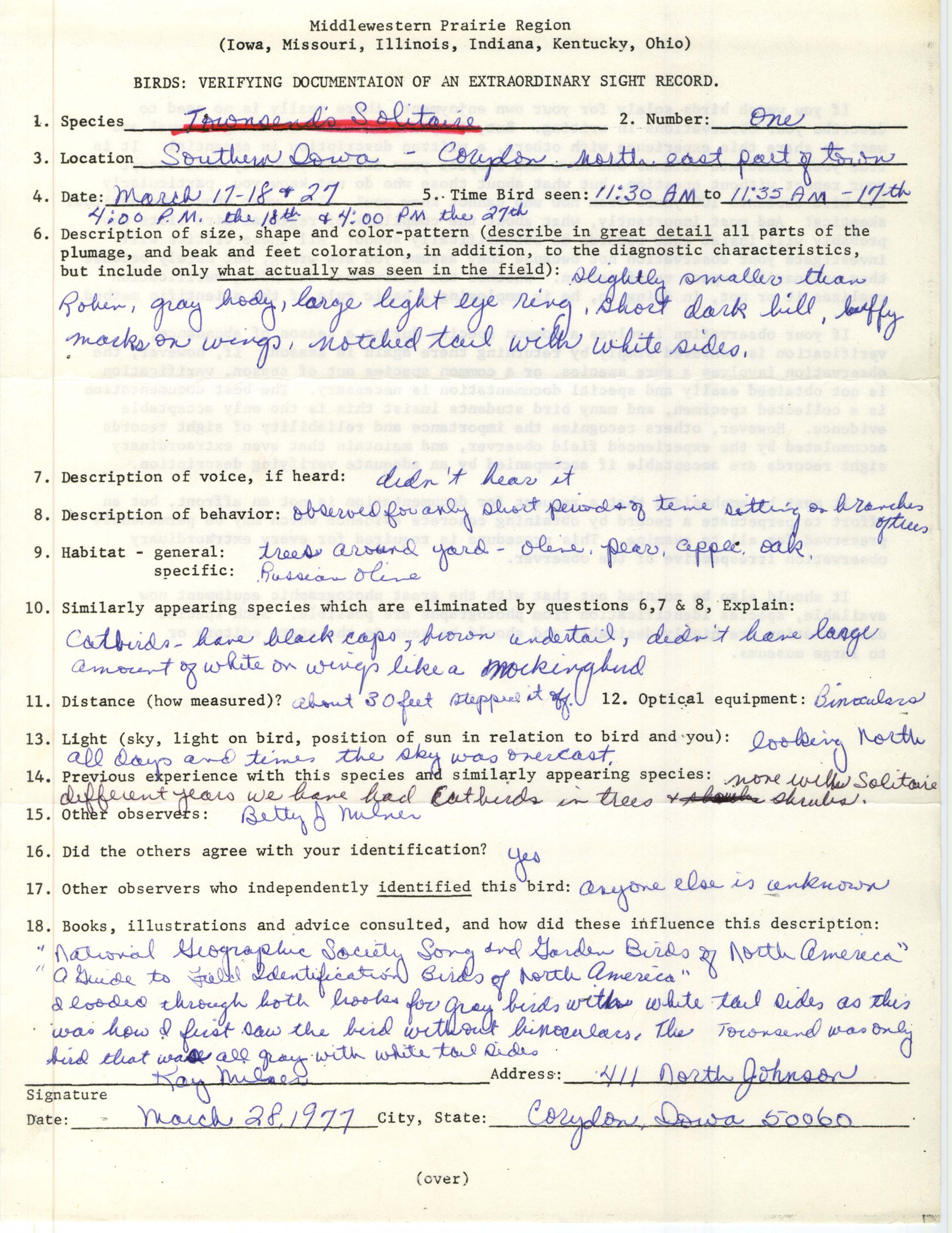 Rare bird documentation form for Townsend's Solitaire northeast of Corydon in 1977