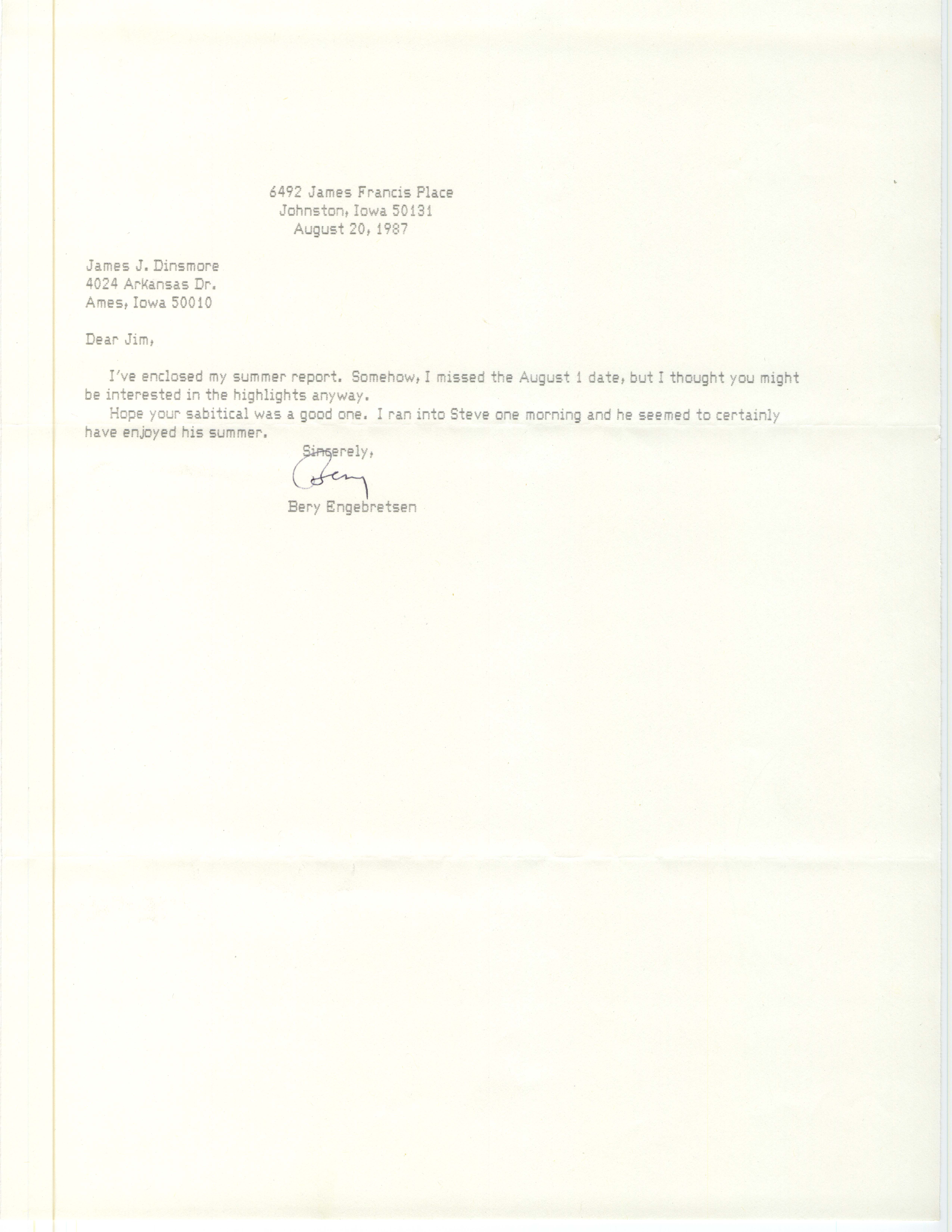 Bery Engebretsen letter to James J. Dinsmore regarding summer bird sightings, August 20, 1987