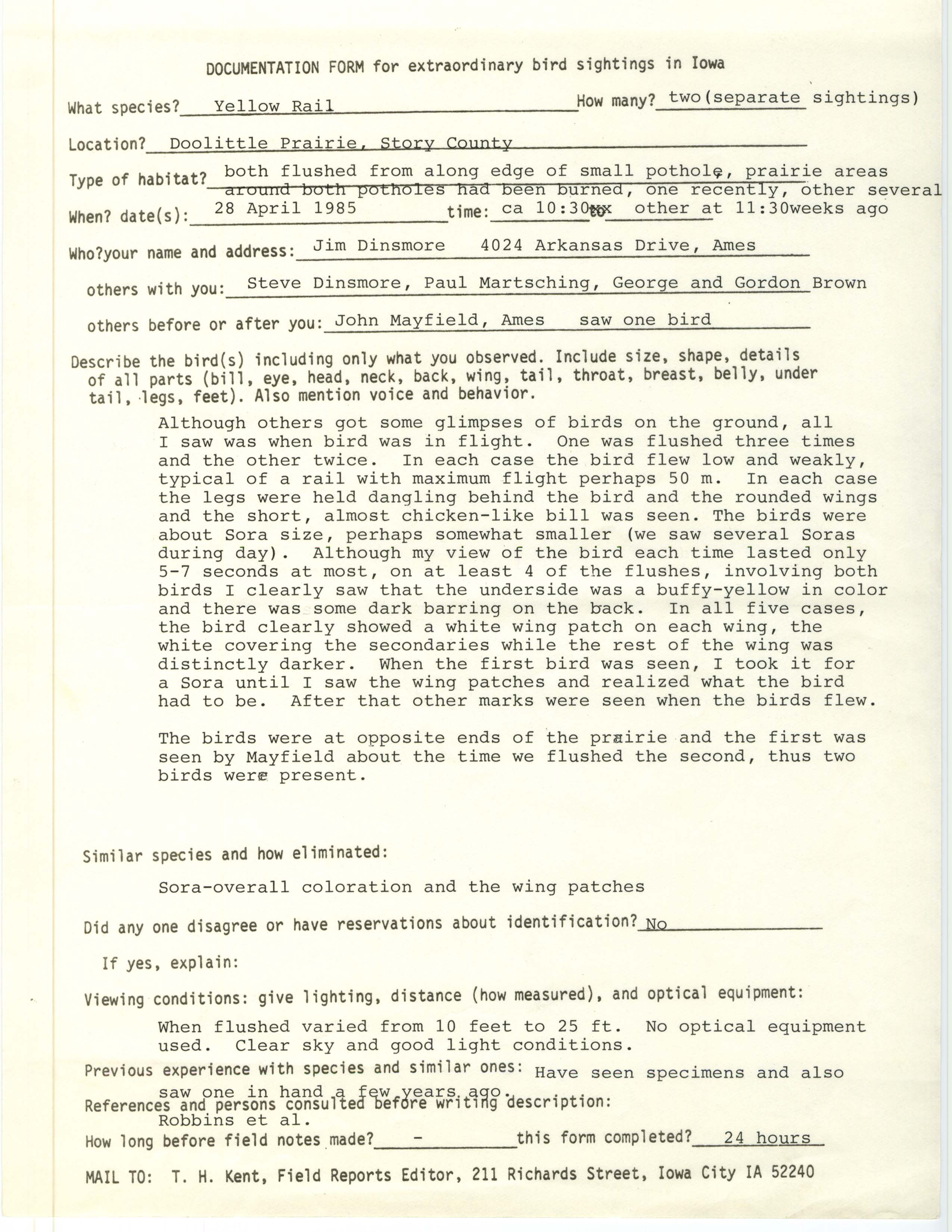 Rare bird documentation form for Yellow Rail at Doolittle Prairie, 1985