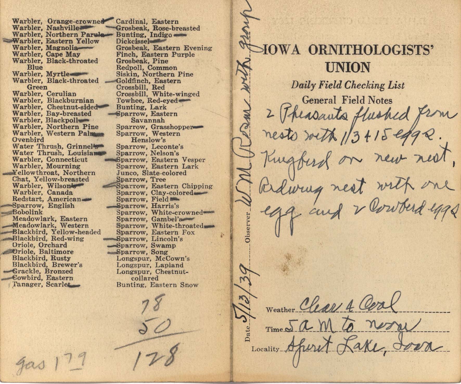 Daily field checking list by Walter Rosene, May 13, 1939