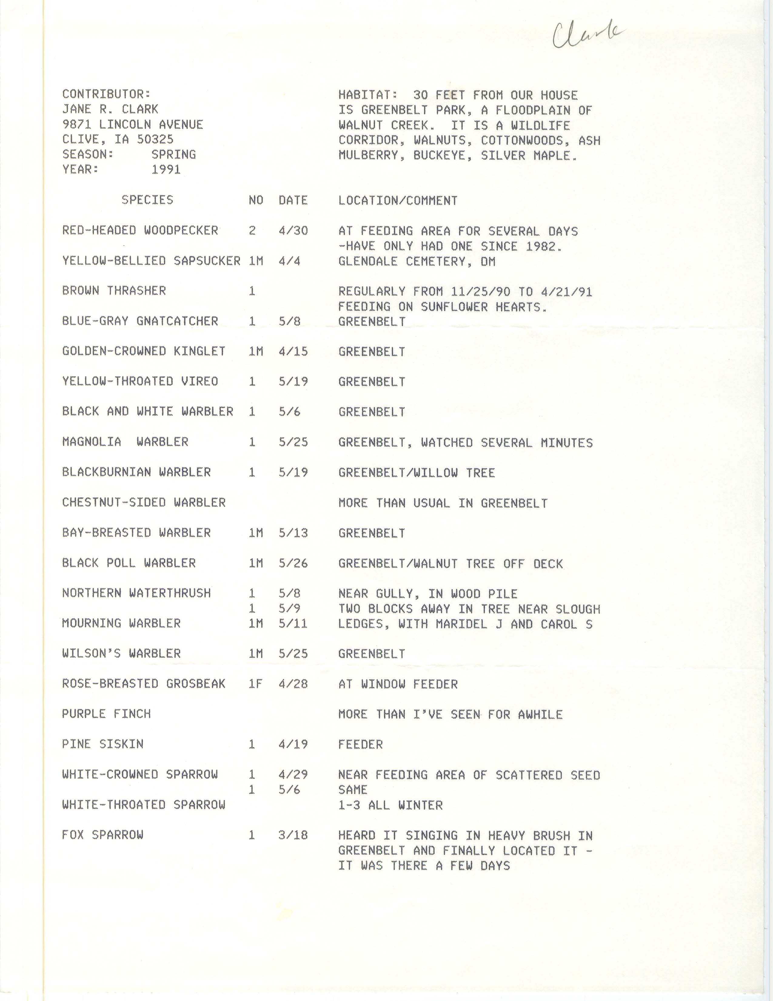 Field reports, Jane R. Clark, spring 1991