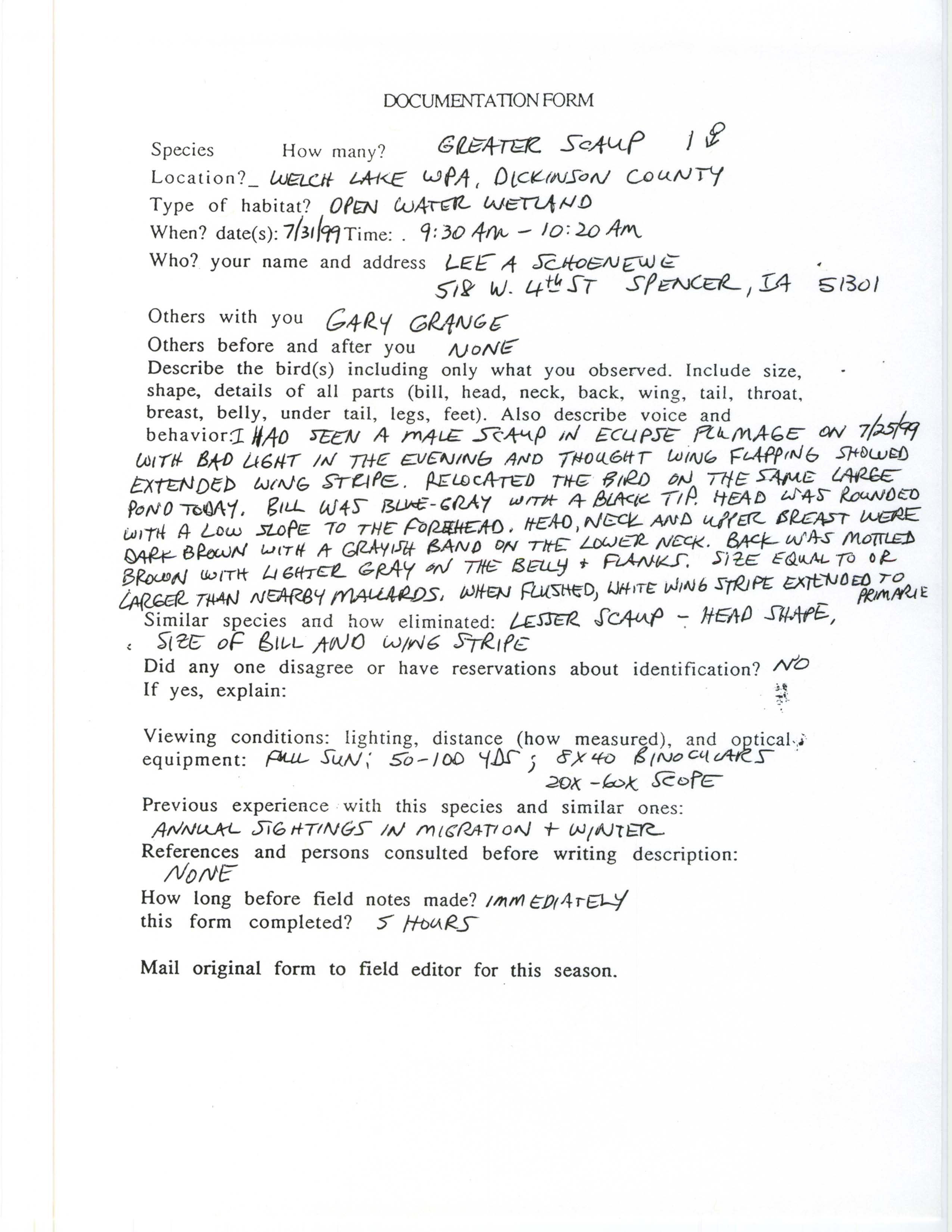 Documentation form, Greater Scaup, July 31, 1999, Lee Schoenewe