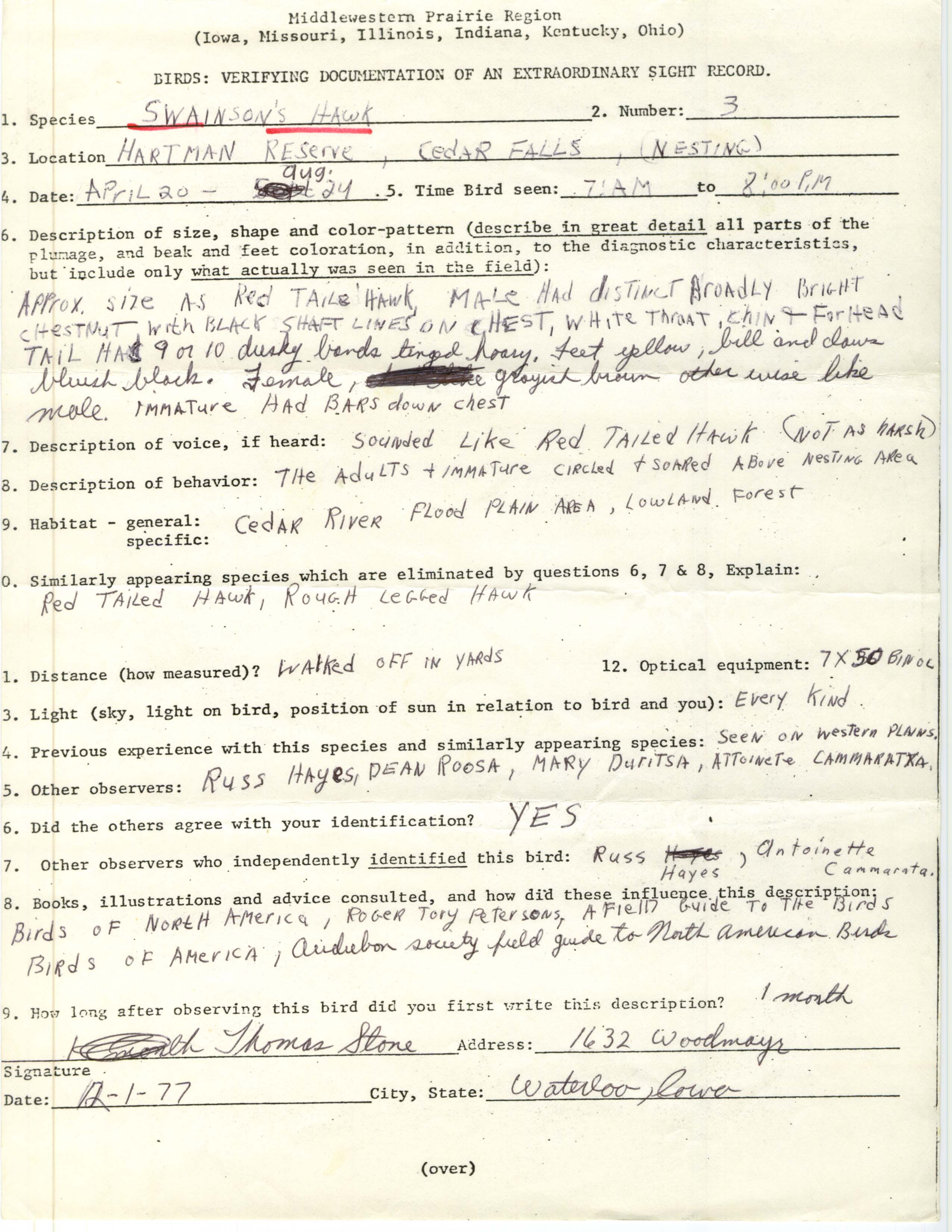 Rare bird documentation form for Swainson's Hawk at Hartman Reserve, 1977