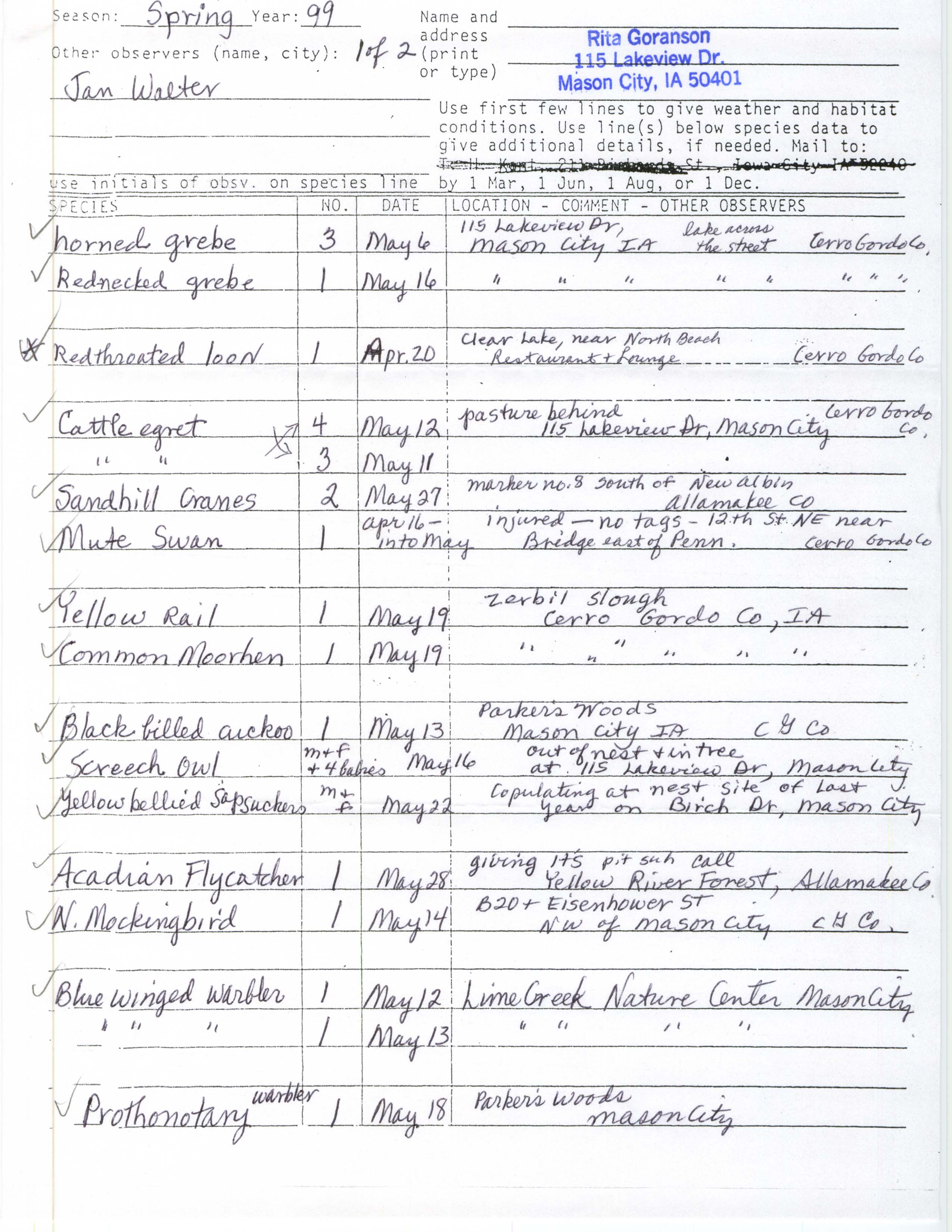 Field reports form for submitting seasonal observations of Iowa birds, Rita Goranson, spring 1999