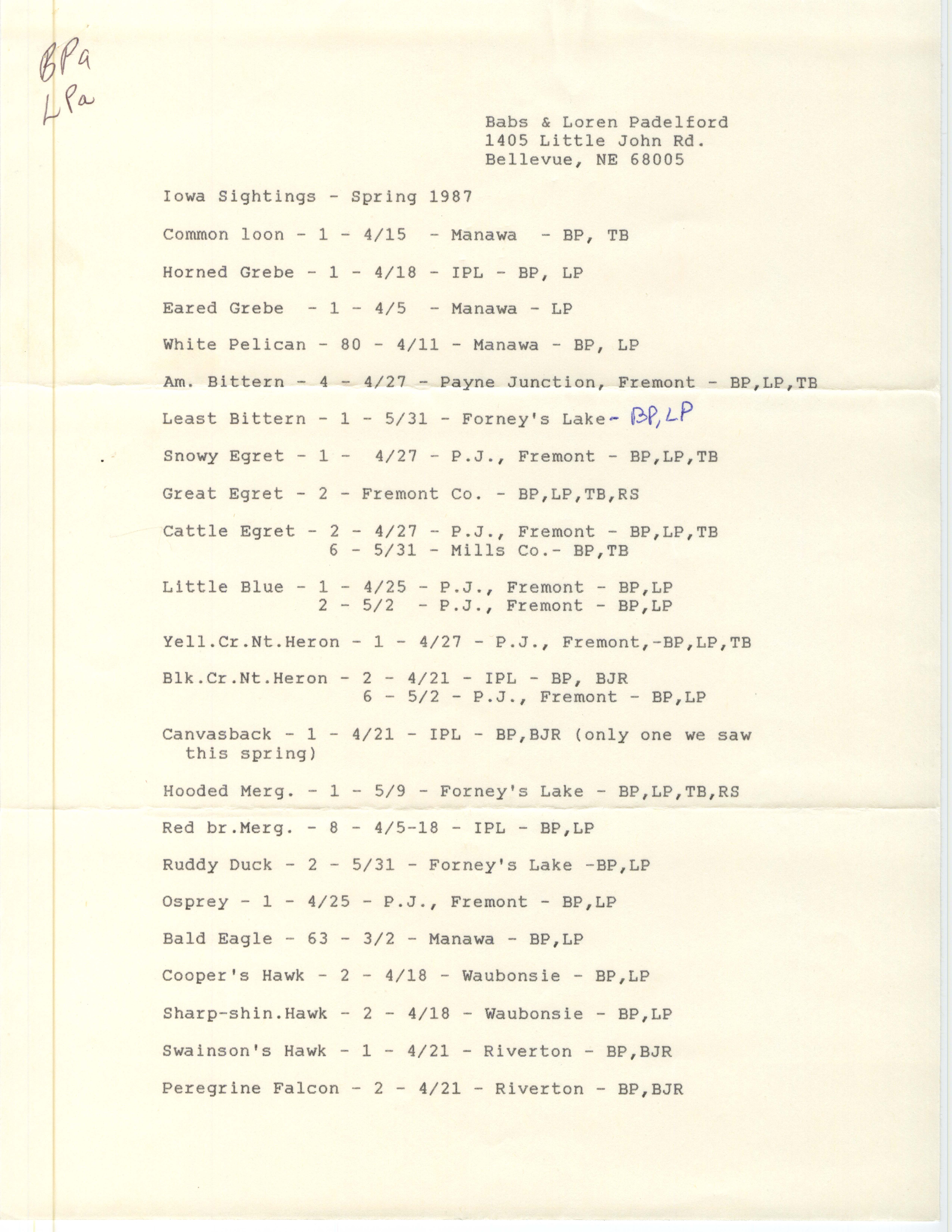 Field notes contributed by Babs Padelford and Loren Padelford, spring 1987