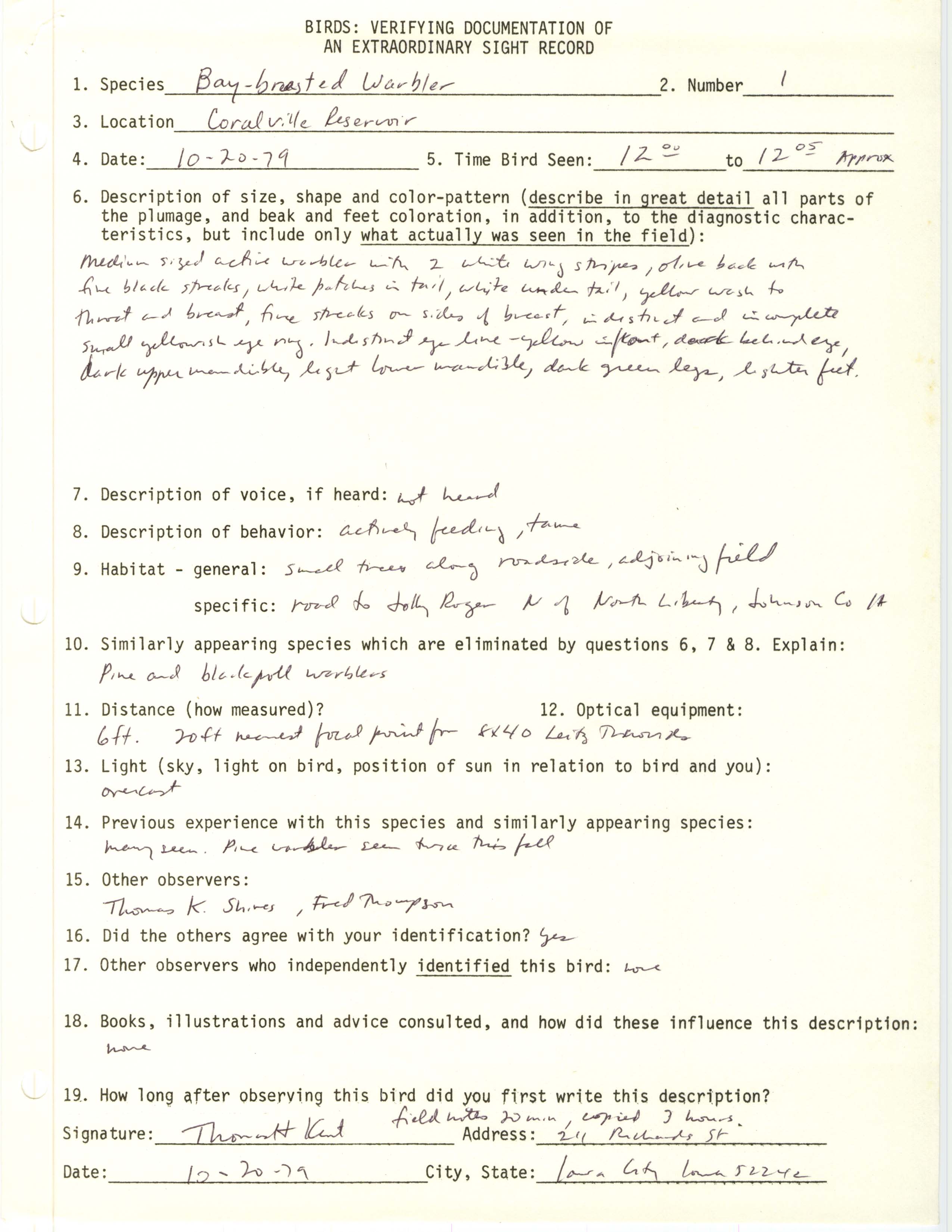 Rare bird documentation form for Bay-breasted Warbler at Coralville Reservoir, 1979