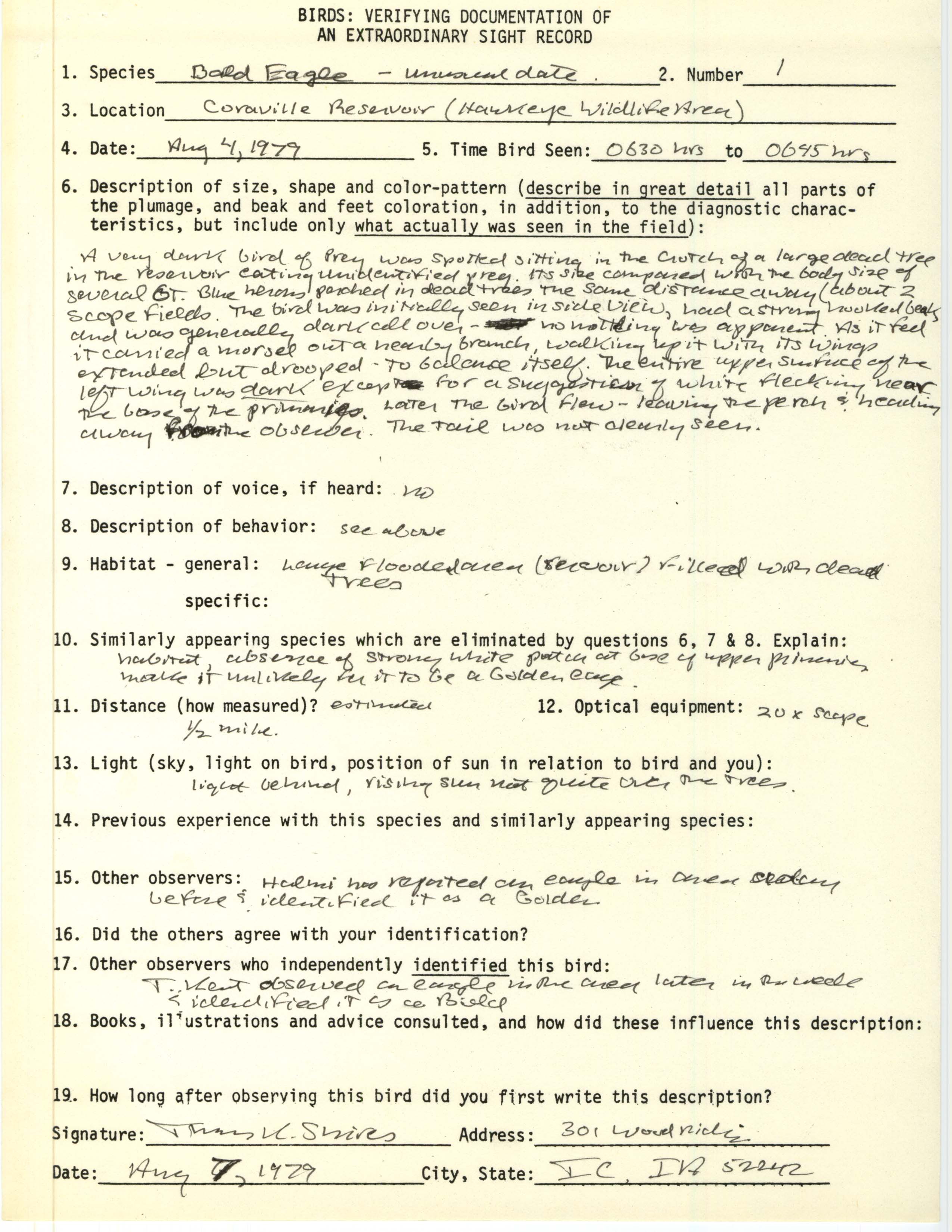 Rare bird documentation form for Bald Eagle at Hawkeye Wildlife Area, 1979