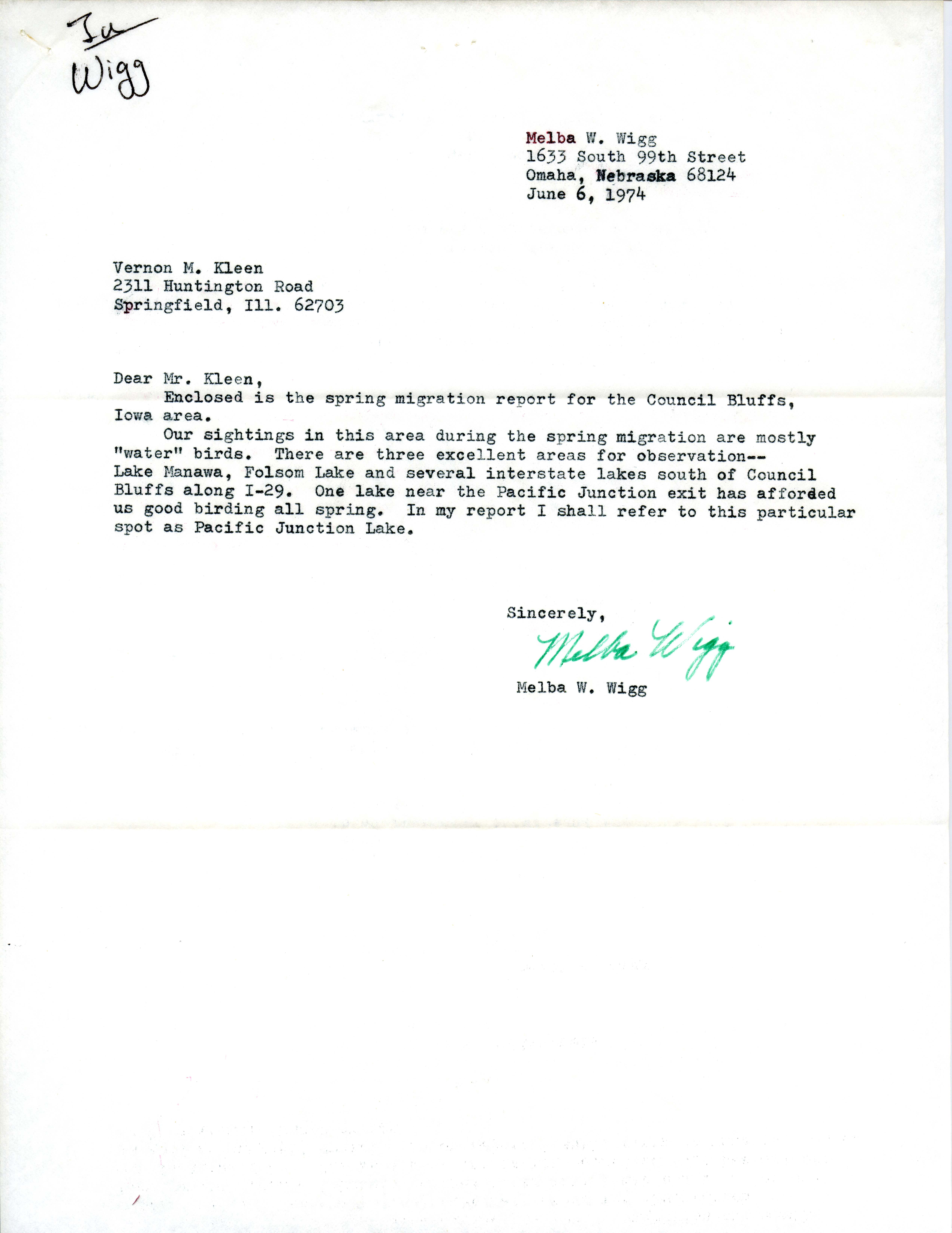 Melba Wigg letter and report to Vernon M. Kleen regarding spring migration bird sightings near Council Bluffs, June 6, 1974